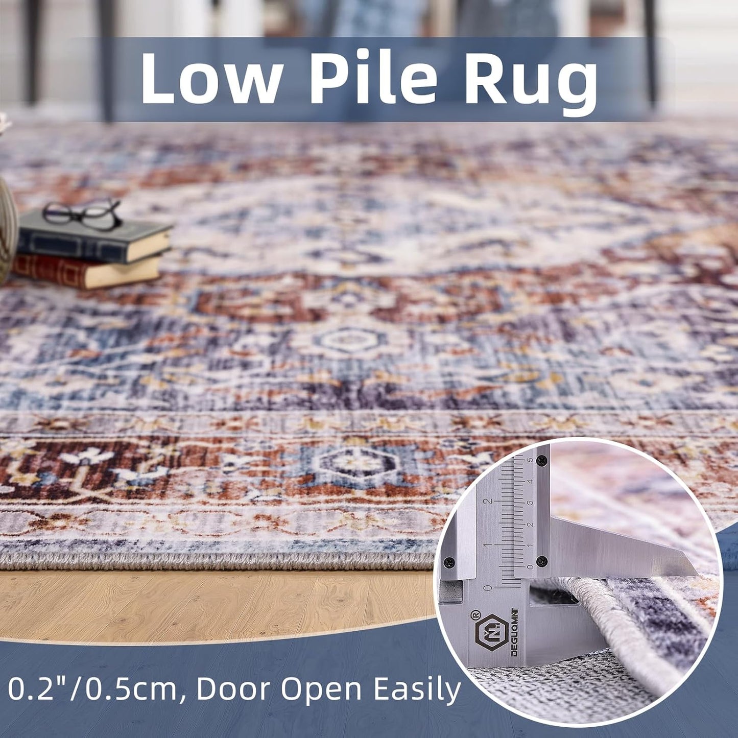 Deerly 2x7ft Bohemian Kitchen Runner Rug - Floral Design, Soft Low Pile, Non-Slip, Border Brown/Navy Blue