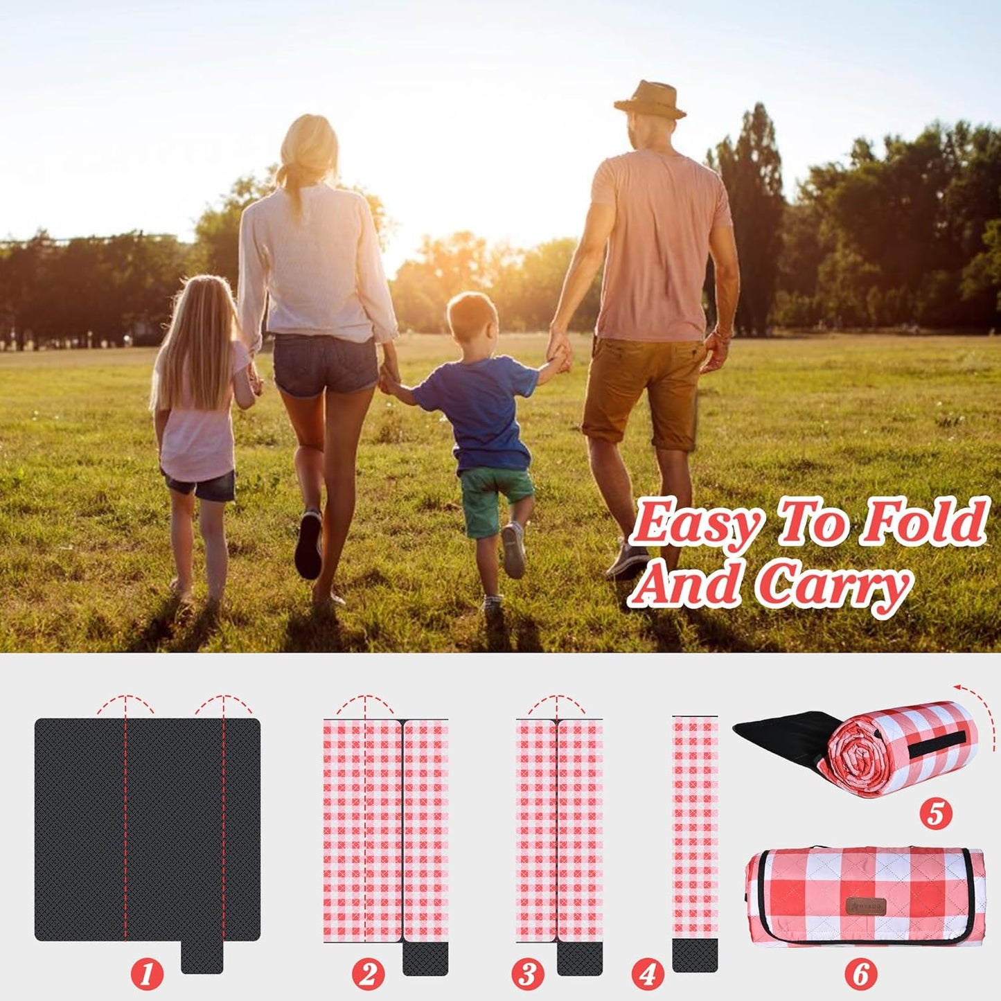 HX&OD Outdoor Picnic Blanket, Extra Large, 80''x60'' Waterproof Foldable Blankets Gingham Picnic Mat for Beach, Camping Grass Lawn Park Accessories Cute Couple Ideas Wedding (Red, 80”x60”)