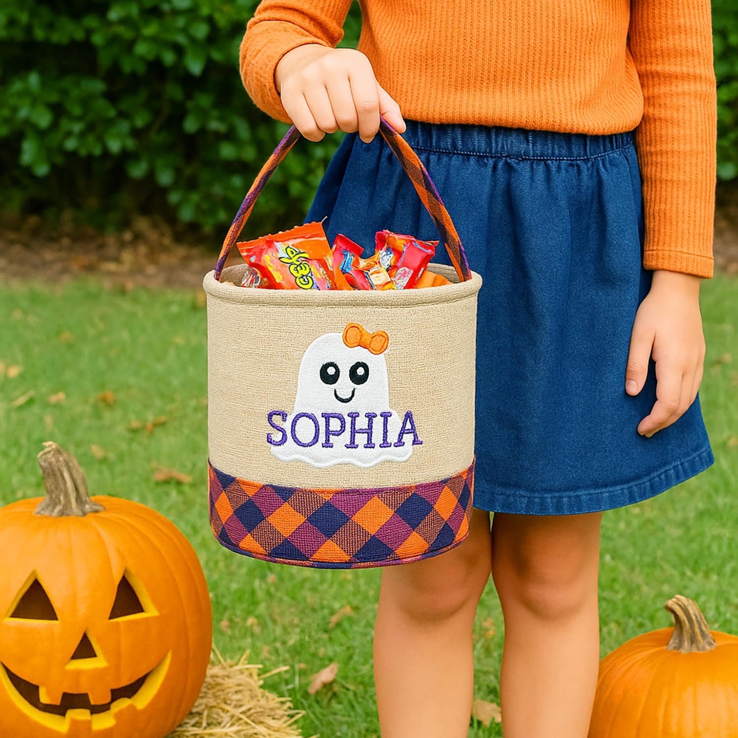 Personalized Halloween Trick or Treat Bag with Name – Custom Embroidered Candy Bucket for Kids, Cute Ghost Design Basket, Reusable Fabric Canvas Pumpkin Tote Gifts for Boys & Girls (Ghost)