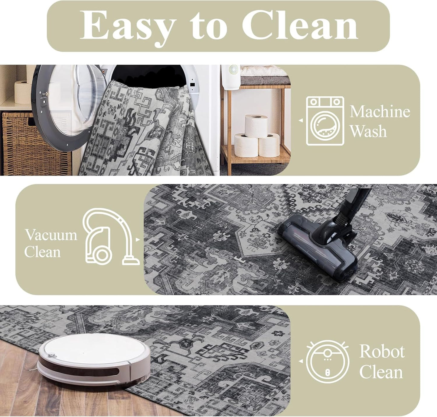 Washable Rugs 5x7 Area Rugs for Living Room, Thin Carpet for Bedroom, Soft Faux Wool Retro Dining Room Rug,Non Slip&Non-Shedding Resistant Low Pile Vintage Print Rug for Home Office (Medium Gray)