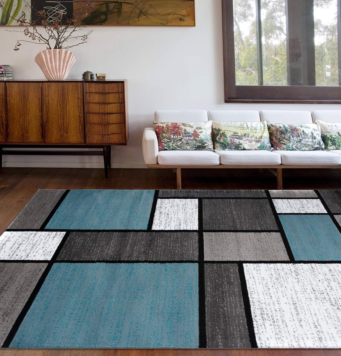 Rugshop Contemporary Modern Boxes for Home Office,Living Room,Bedroom,Kitchen Non Shedding Area Rug 6' 6" X 9' Blue/Gray