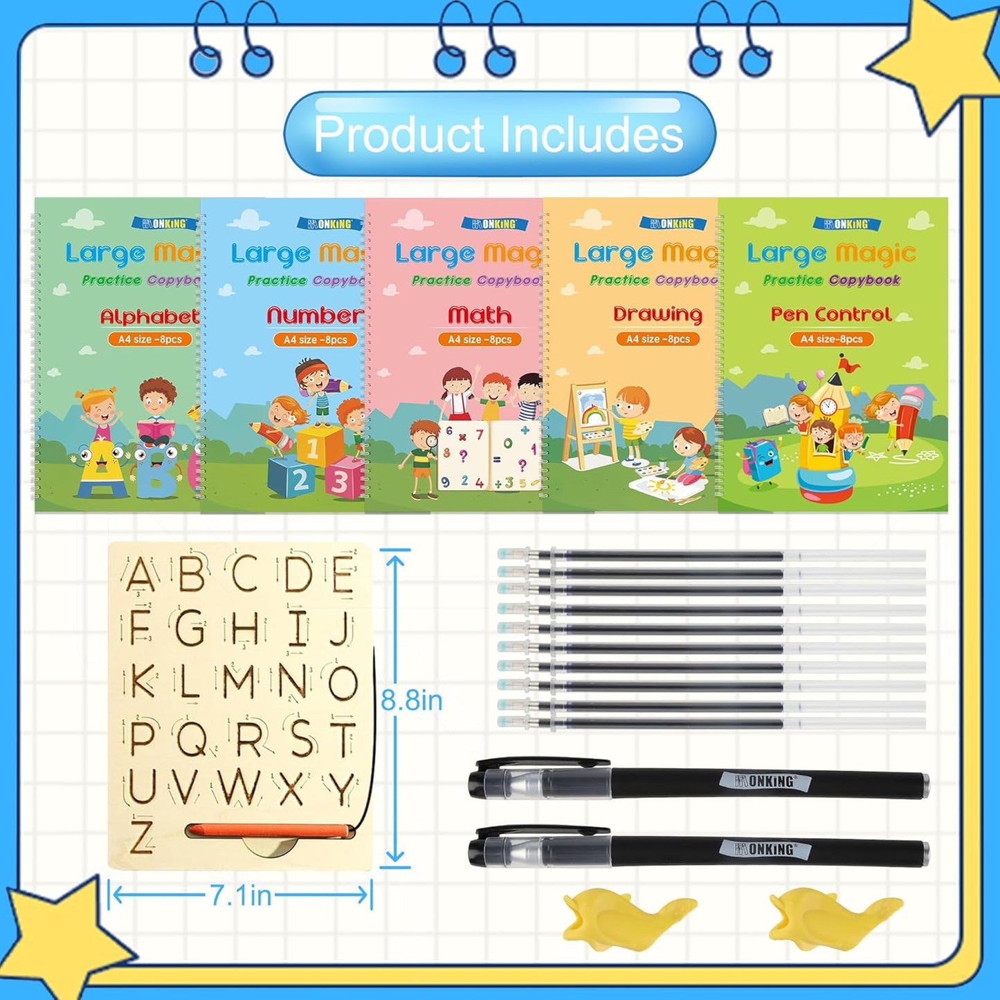 Large Handwriting Magic Grooved Practice Copybook Set: 5-Pack with Wooden Alphabet Tracing Board, Reusable Letter Learning Kit for Kid Age 3-8, Ideal for Kindergarten and Preschool Calligraphy Control