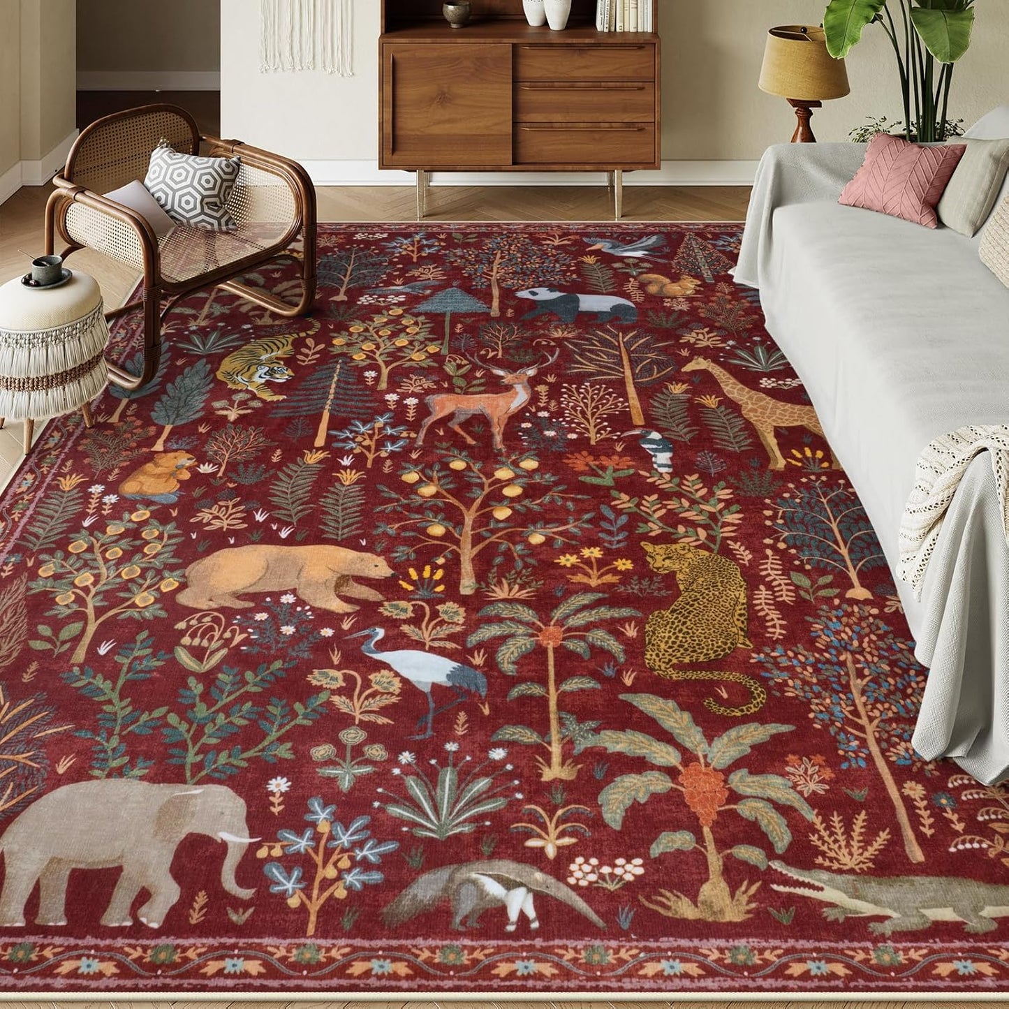 OJIA Animal Washable Rugs 8x10, Soft 8x10 Area Rugs for Living Room, Non Slip Bedroom Rug Under Bed Ultra-Thin Nursery Rug Large Carpet for Dining Room Office Playroom, Red