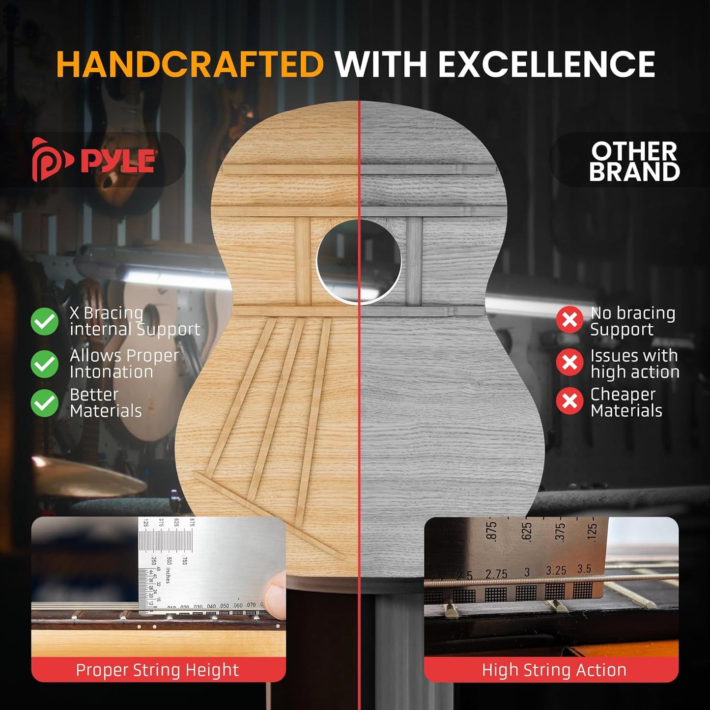 Pyle 41" Acoustic Guitar Standard Full Size 6 String Dreadnought, Matte Finish with Gig Bag, Steel Strings, Picks, Strap, Capo - PGA480NT.X9