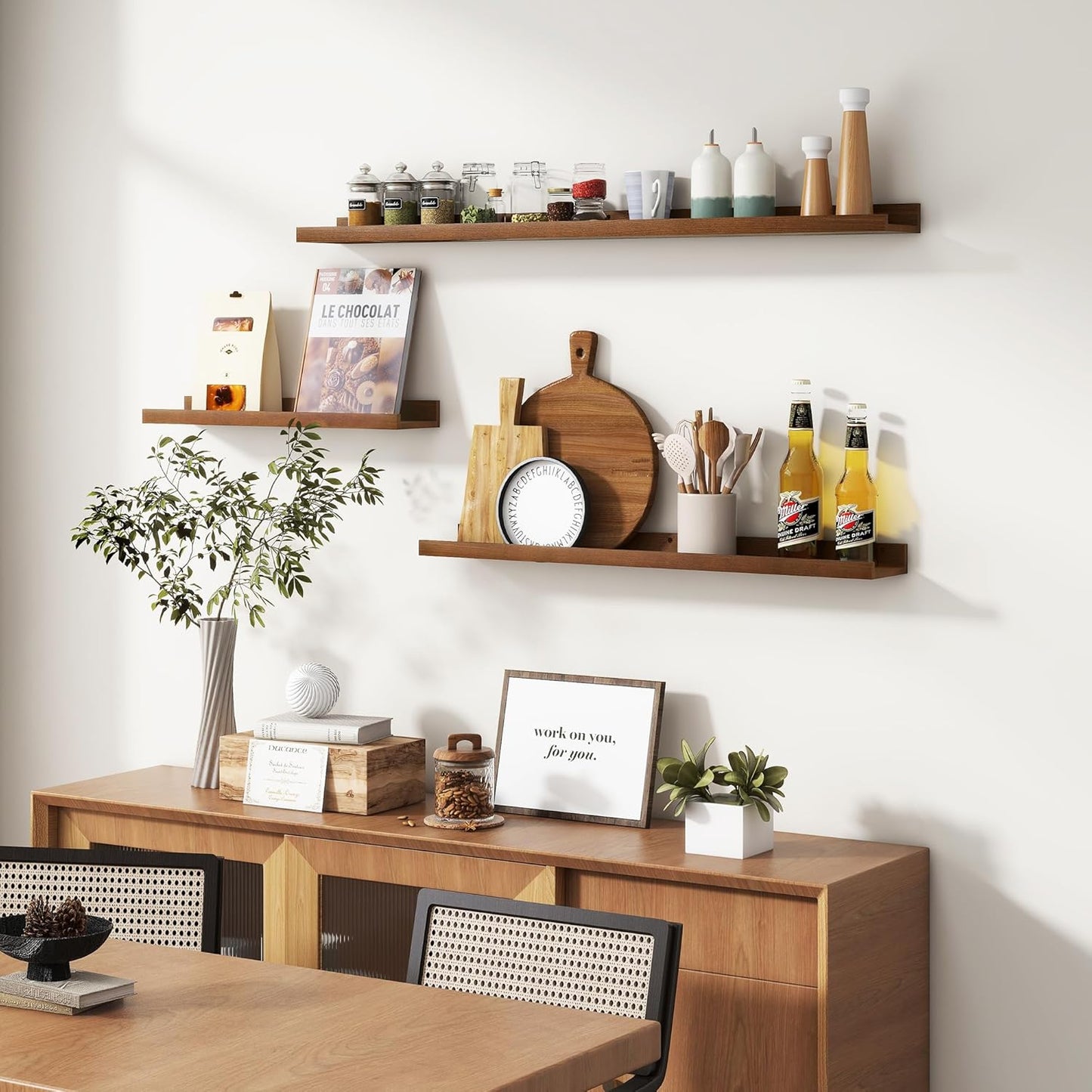 Picture Ledge Wall Shelves 48 Inches Width Set of 3, Solid Pine Wood Rustic Floating Ledge for Kids' Room Bedroom Kitchen Bathroom, Long Floating Shelves for Wall Decor, Walnut