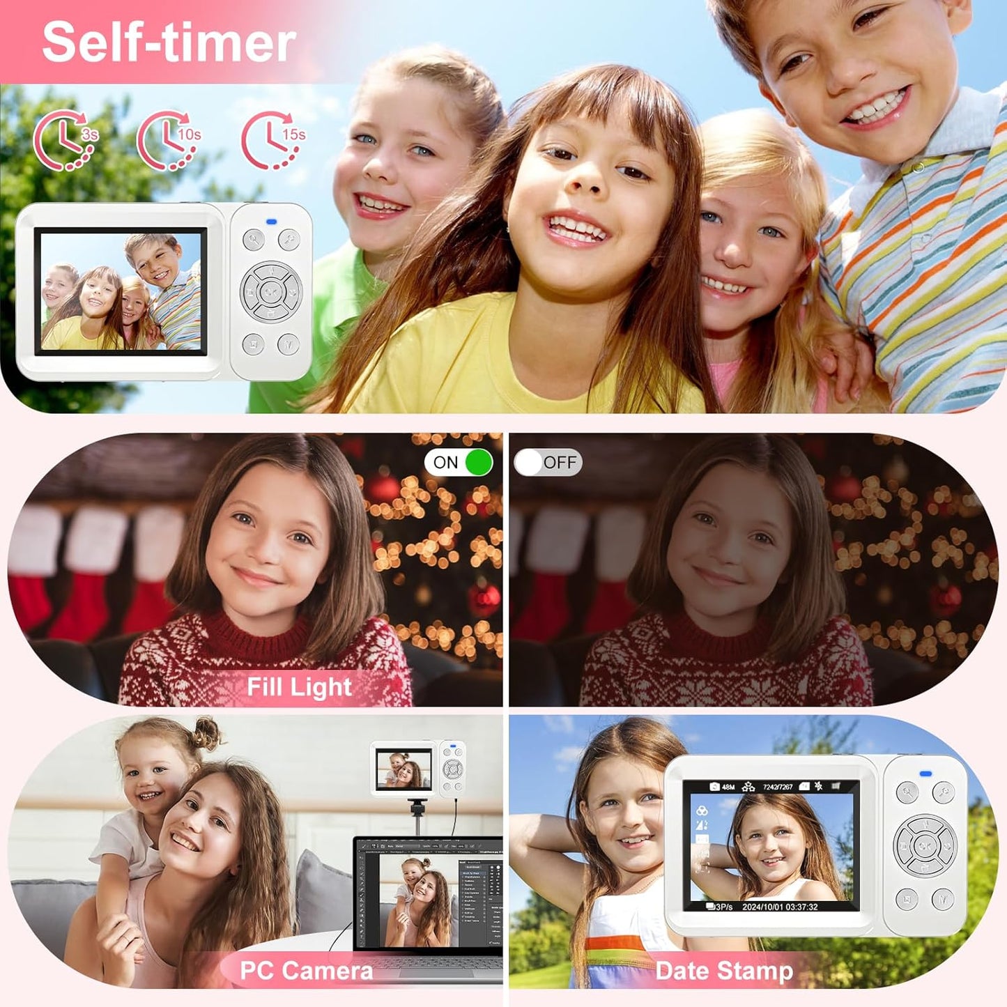 Digital Camera, 4K 64MP, 18X Zoom, Point and Shoot Digital Camera with 64GB TF Card & 2 Batteries, Portable Rechargeable Small Camera for Kids Teens Adult, White