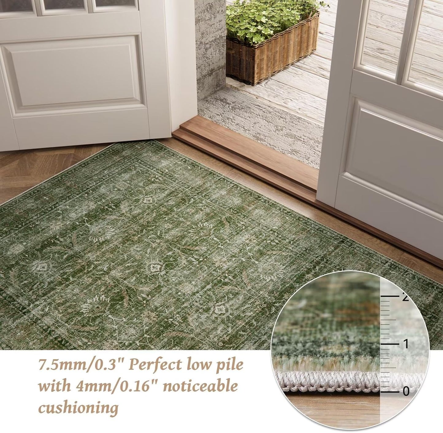 Washable 3x5 Entryway Rug Indoor, Boho Non-Slip Silicone Backing Small Rugs for Kitchen Nursery Office Bedroom, 0.3" Neutral Oriental Throw Carpet with 0.16" Cushioning Pad, Grass Green/Multi