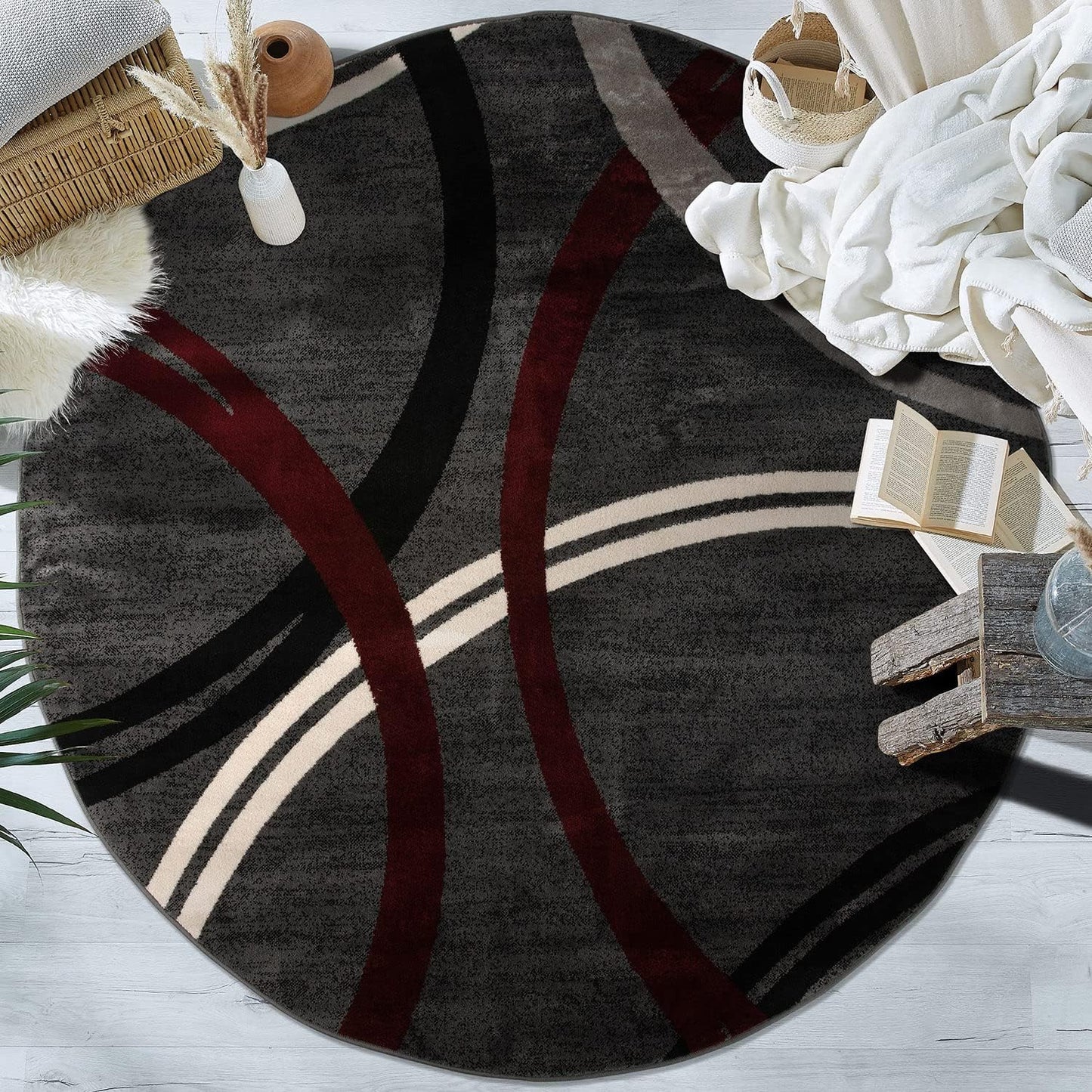 Rugshop Modern Wavy Circles Design 6' 6" (6' 6" Diameter) Red