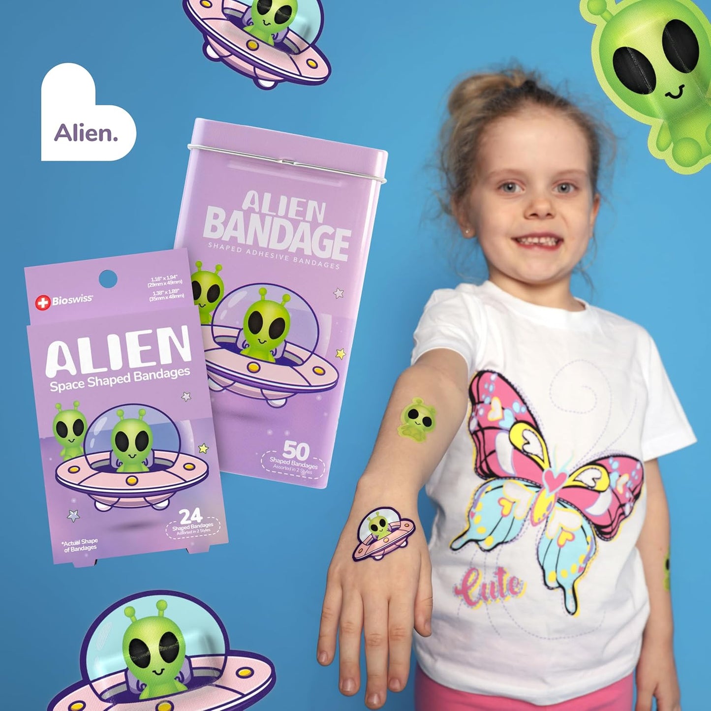 BioSwiss Bandages, Halloween Alien Shaped Self Adhesive Bandage, Latex Free Sterile Wound Care, Fun First Aid Kit Supplies for Kids, 50 Count