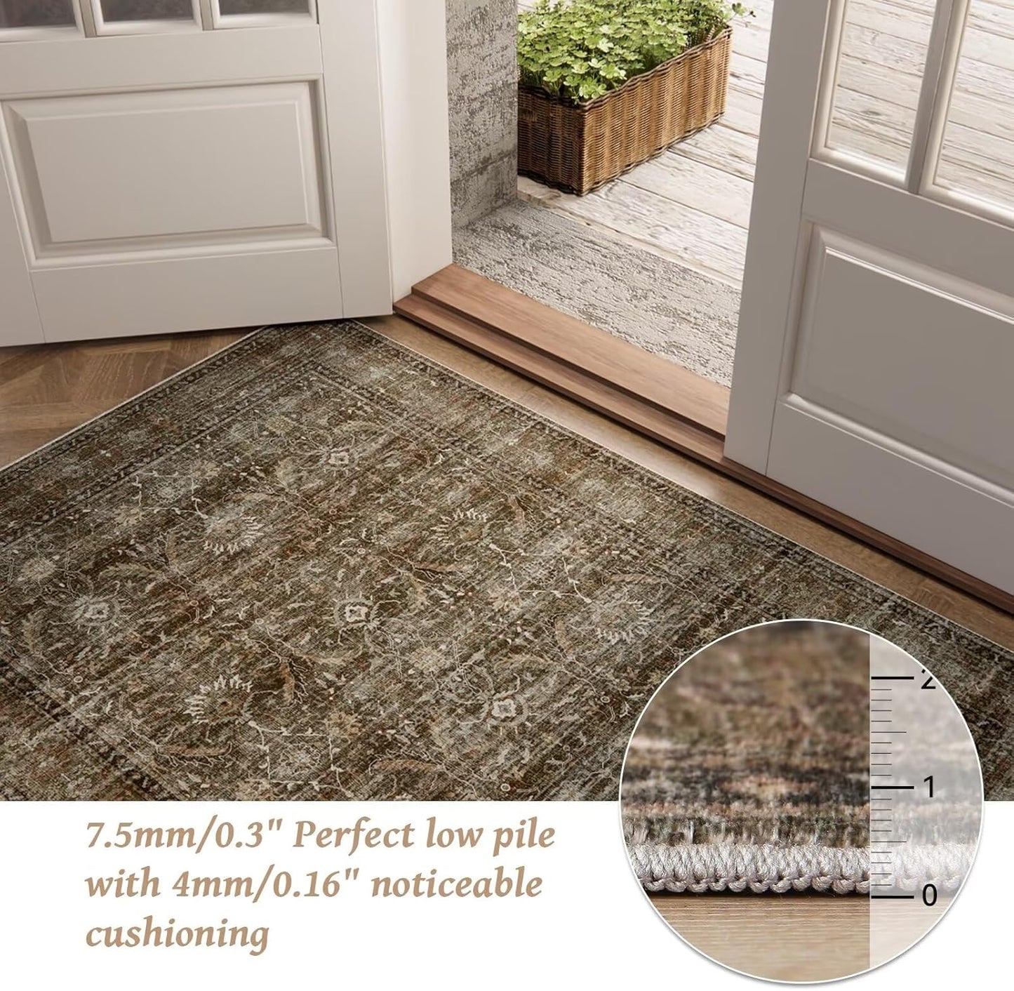 Washable 10x14 Area Rugs for Living Room, Boho Non-Slip Silicone Backing Rugs for Bedroom Dining Room Office, 0.3" Neutral Oriental Throw Carpet with 0.16" Cushioning Pad, Deep Brown/Multi