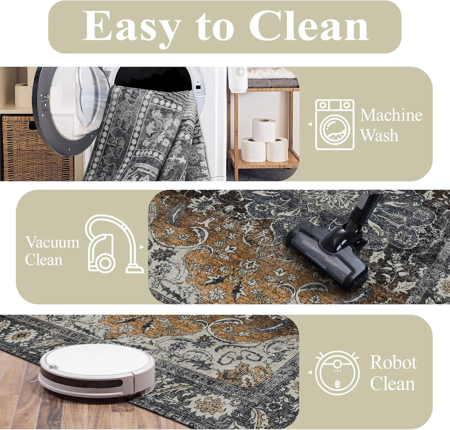 Washable 6x9 Area Rug for Living Room, Carpet for Bedroom Dining Room, Non Slip&Non-Shedding Resistant Low Pile Vintage Print Rug for Home Office (Tan/Gray)