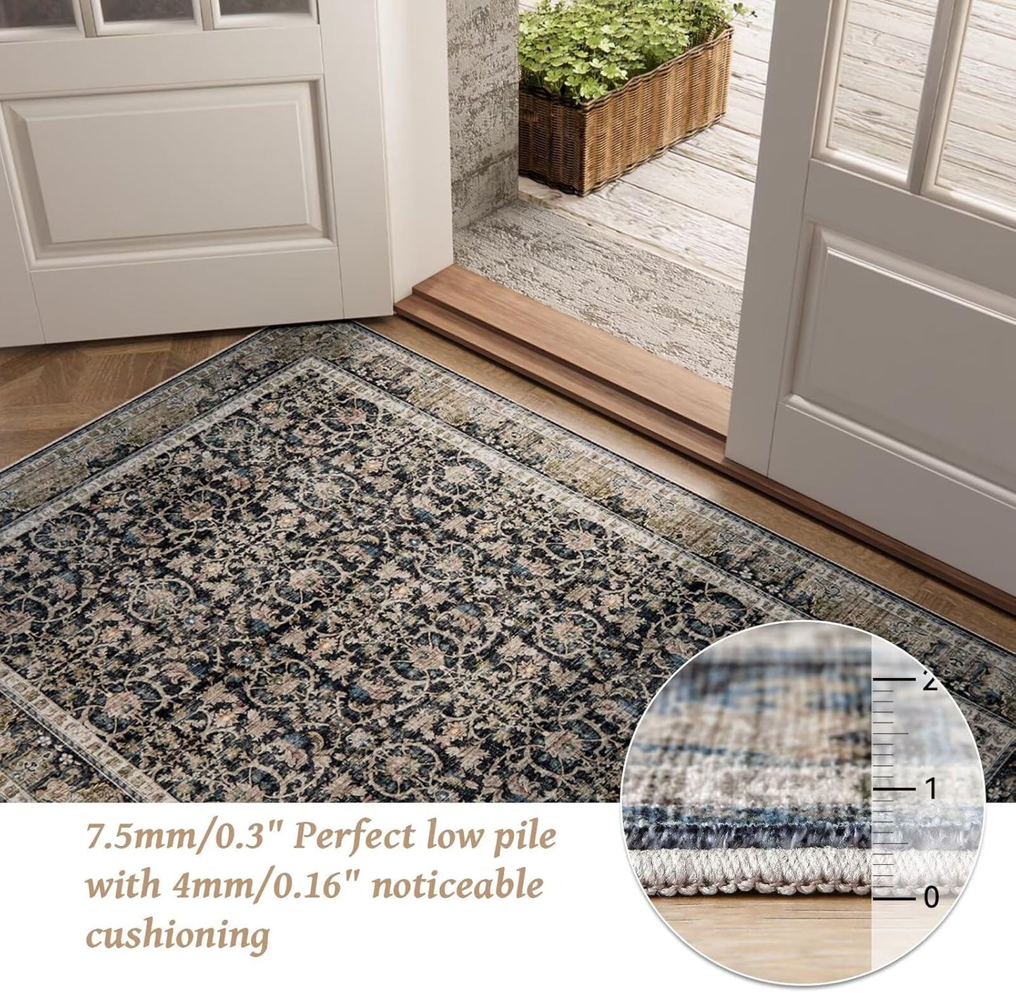 Washable 4x6 Rugs for Living Room, Boho Non-Slip Silicone Backing Small Rugs for Bedroom Nursery Office, 0.3" Neutral Oriental Throw Carpet with 0.16" Cushioning Pad, Black/Multi