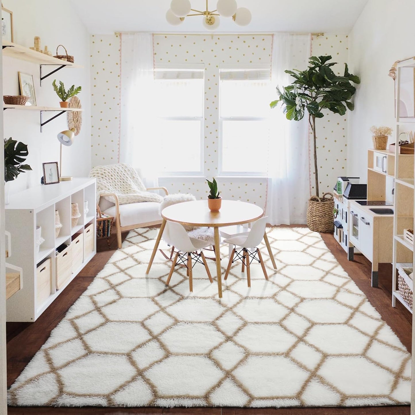 ONASAR 5x7 Area Rugs for Living Room Bedroom, Washable Fluffy White and Beige Faux Fur Bedside Rug, Geometric Boho Soft Plush Shaggy Floor Carpet Mat for Nursery Kids Girls Teen Dorm Home Decor