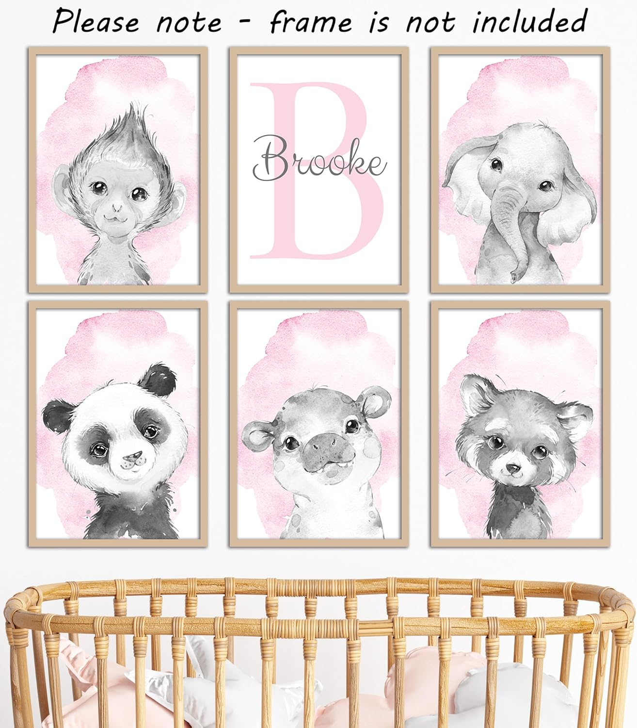 Safari Animals Set of 6 Unframed Poster Prints for Baby Girls Nursery Bedroom Playroom, Personalized Name, Choice of 12 Animals, Pink Purple (9x12)