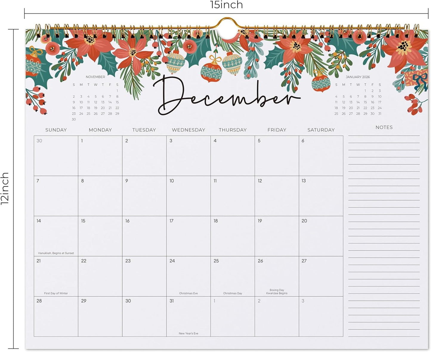 2025-2026 Calendar, Jokotha Wall Calendar 2025, Calendar Runs From Aug 2025 - Dec 2026, 15" x 12", Twin-Wire Binding, Hanging Hook, Floral Design