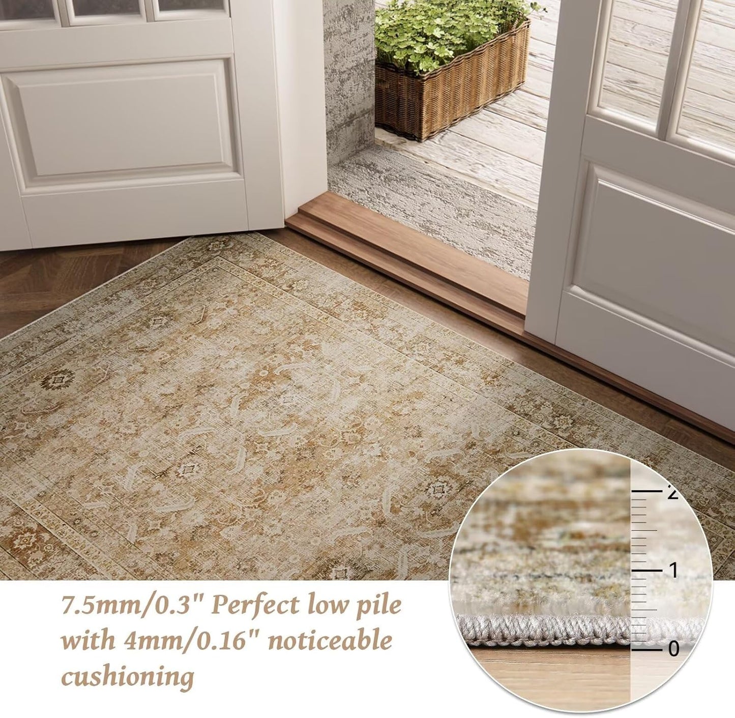 Washable 3x5 Entryway Rug Indoor, Boho Non-Slip Silicone Backing Small Rugs for Kitchen Nursery Office Bedroom, 0.3" Neutral Oriental Throw Carpet with 0.16" Cushioning Pad, Brown/Multi