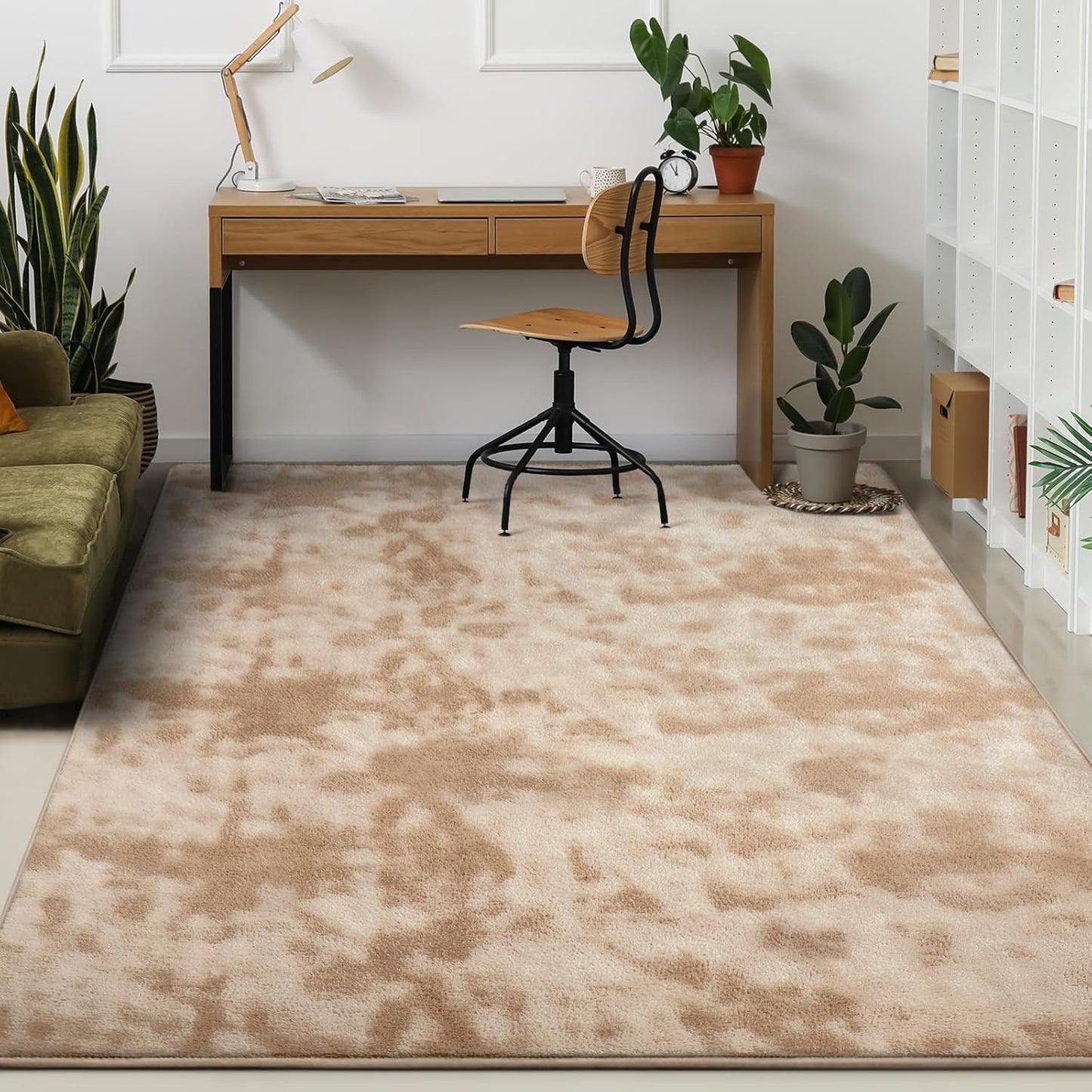 Kimicole 6x9 Washable Area Rugs for Living Room Bedroom, Large Low Pile Ulta-Thin Solid Color Rug, Non-Slip Soft Fluffy Carpet for Nursery Kids Room Dorm Room Home Decor (Light Tan)