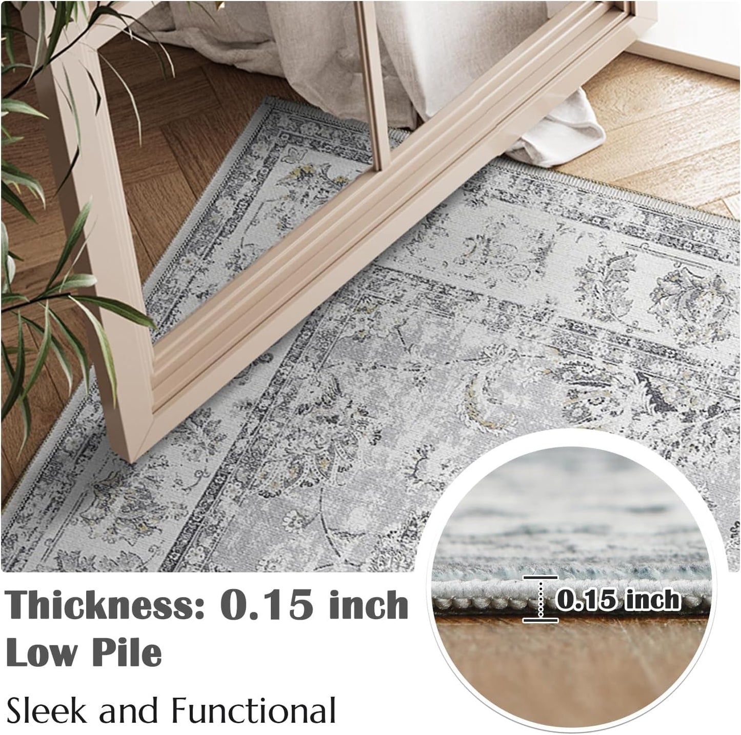 jinchan Hallway Runner Rug 2x8 Machine Washable Runner Rug Grey Vintage Floral Design Non-Slip Ultra-Thin for Kitchen Laundry Room Bedroom Farmhouse (2‘x8',Grey)