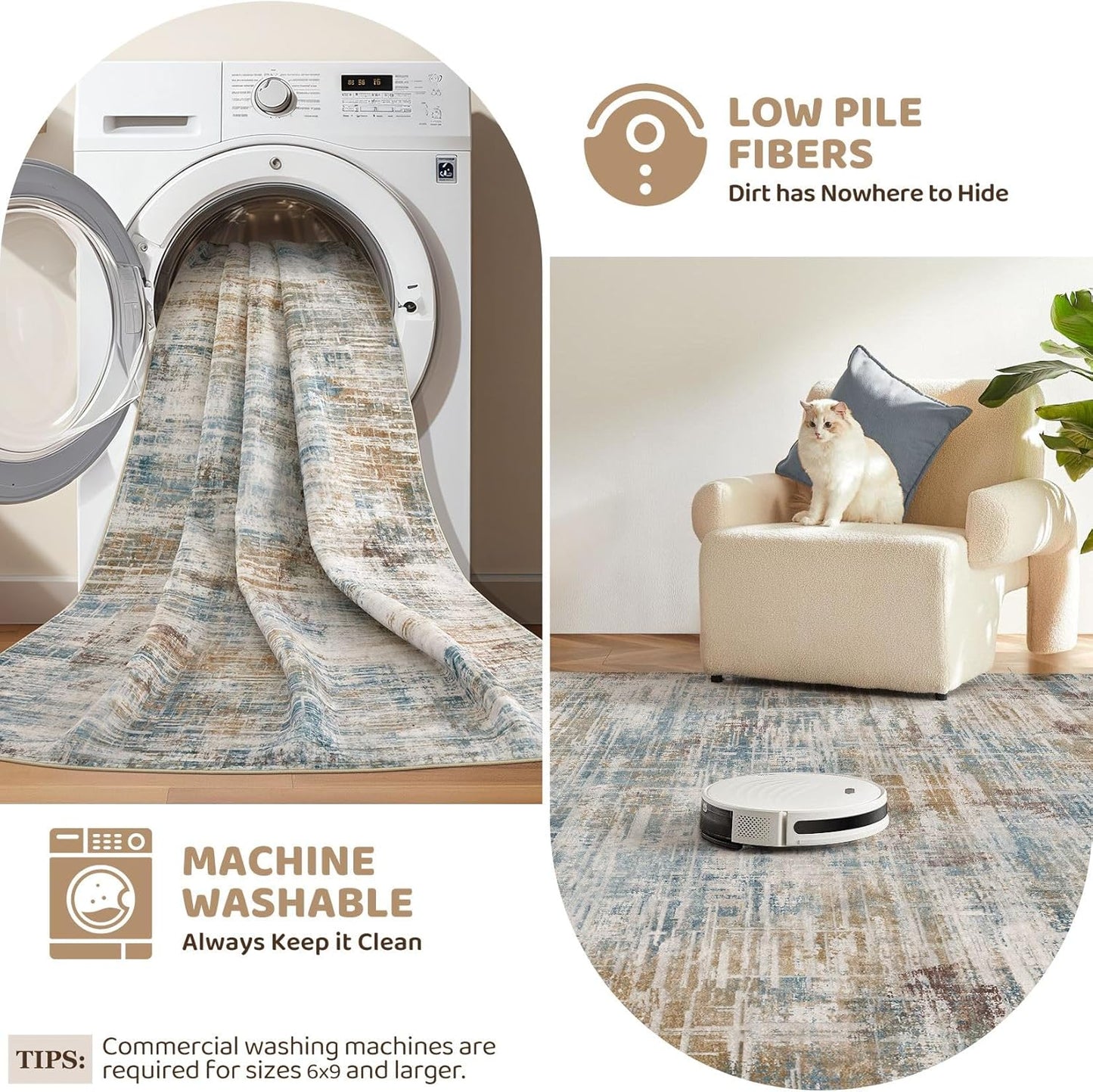 Area Rug for Living Room: 9x12 Washable Neutral Abstract Modern Soft Rugs Non Slip Indoor Floor Stain Resistant Large Carpet for Bedroom Dining Room Office Nursery - Blue Brown