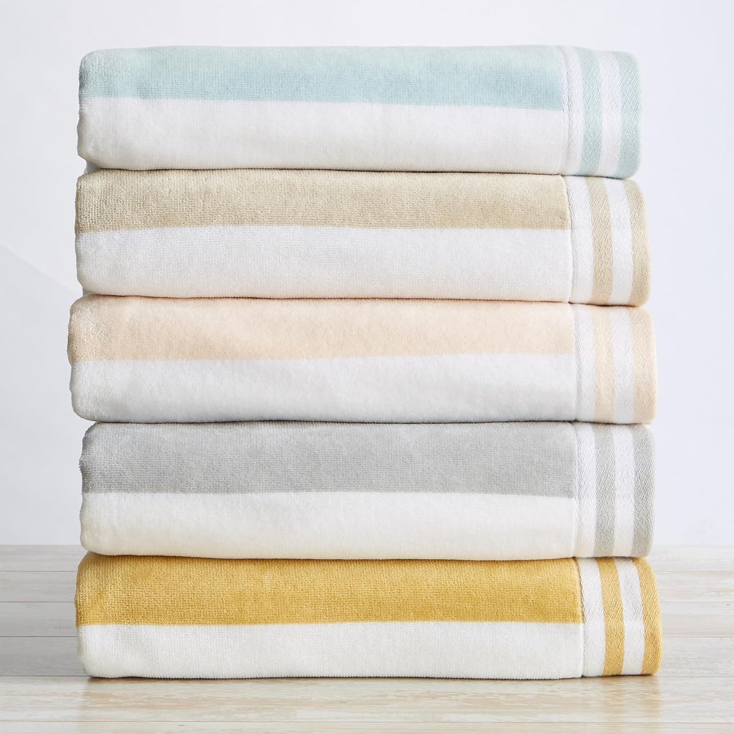 Great Bay Home 100% Cotton Velour 4 Pack Beach Towels 30" x 60" - Green/White Cabana Stripe Pool Towels - Quick Dry, Large Swim Towels