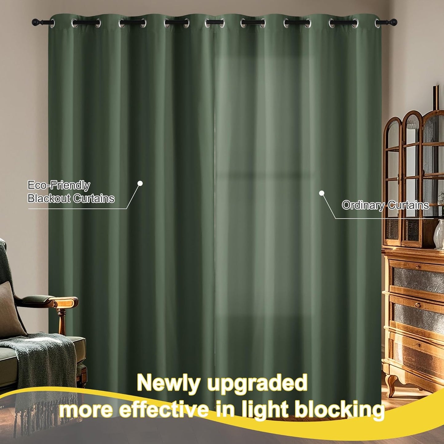 NICETOWN Greyish Green Blackout Curtains for Living Room Bedroom, 100% Blackout Thermal Insulated Room Darkening Window Drapes for Nursery, 1 Pair, 52" W x 63" L