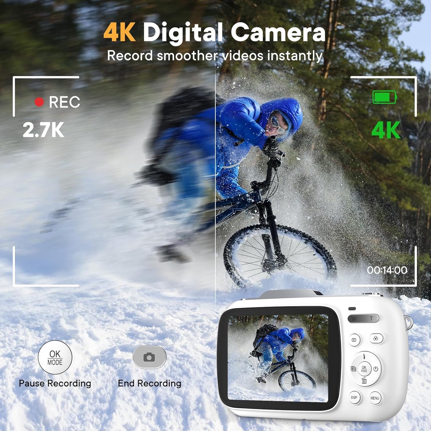 Digital Camera 4K 64MP - Vlogging Camera for Kids & Beginners | 18X Zoom Point and Shoot Camera Anti Shake, Compact with Flash, Gift for Boys Girls(White+Silver)