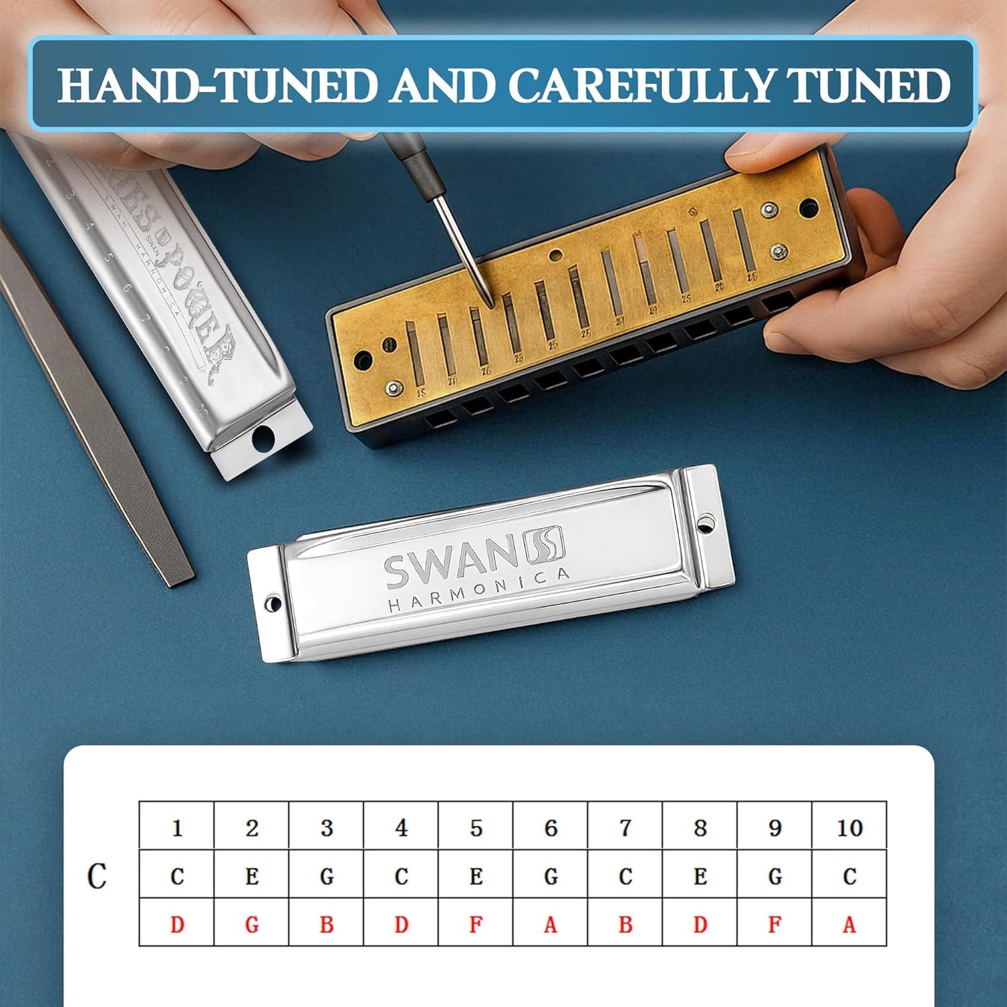 SWAN Blues Harmonica, Key of C, 10 Hole 20 Tone Diatonic Harp Mouth Organ, Stainless Steel Deluxe Harmonica for Adults, Students, Beginners, as a Gift (Silver-C)