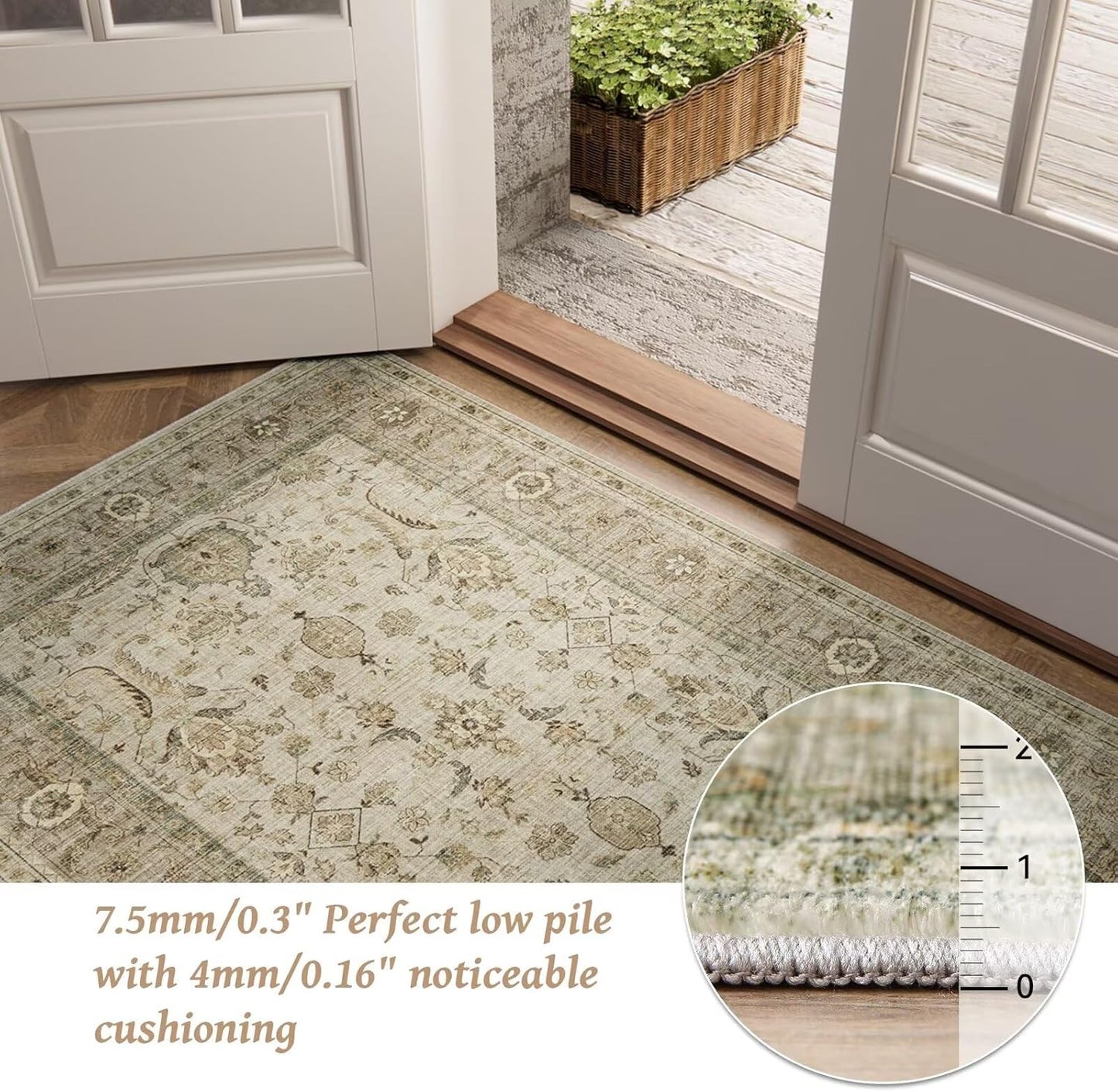 Washable 6x9 Area Rugs for Living Room, BoHo Non-slip Silicone Backing Large Rug for Bedroom Dining Room Nursery Office, 0.3" Neutral Oriental Throw Carpet with 0.16" Cushioning Pad, Light Brown/Multi