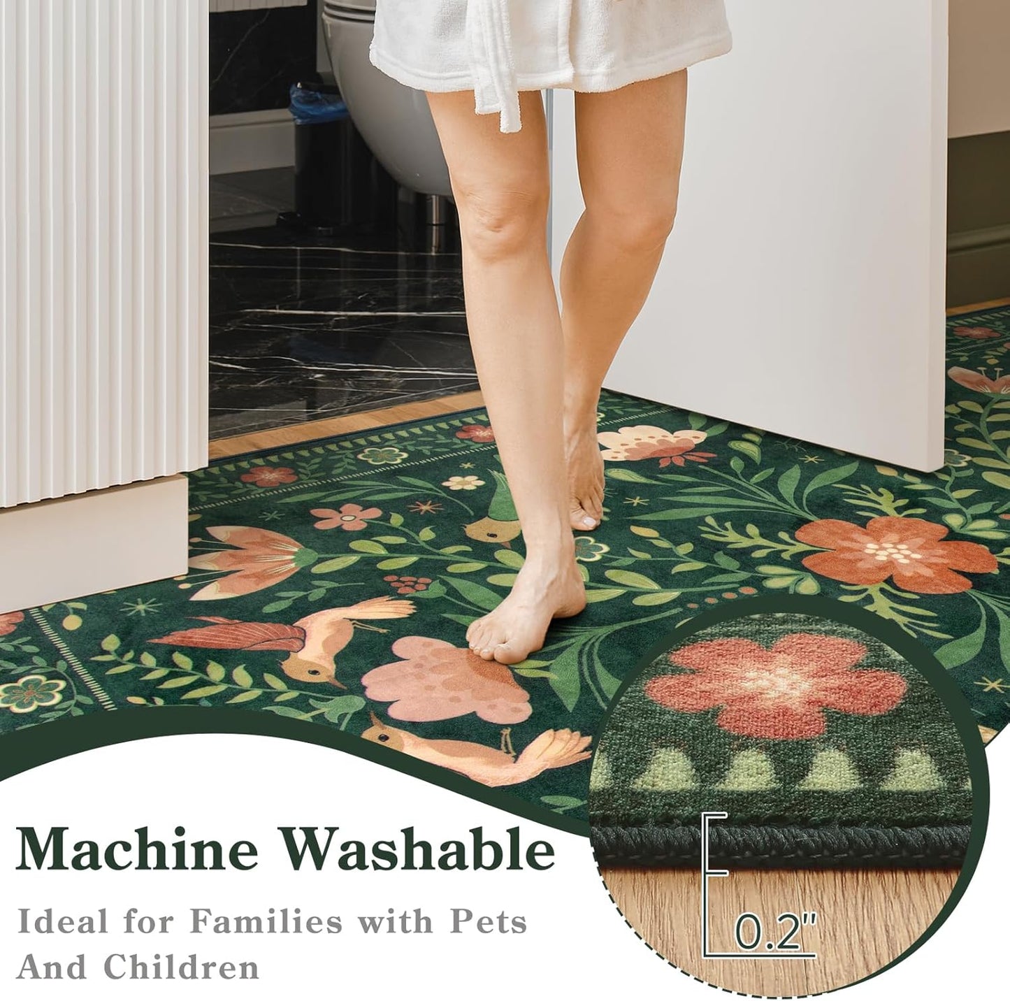 Moynesa Machine Washable Round Rug, 6ft Circle Area Rug for Living Room Non Slip, Ultra Thin, Soft, Indoor Boho Bird Dark Green 6'x6' Carpet for Bedroom Office Under Table Kid Playroom