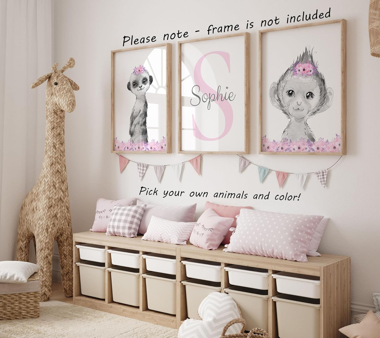 Safari Animals Girls Nursery Bedroom Unframed Set of 3 Poster Prints, Personalized Name Pink or Purple Flowers Wall Art Decor New Baby Gift Present, Elephant Giraffe Panda Zebra Lion (12x16)