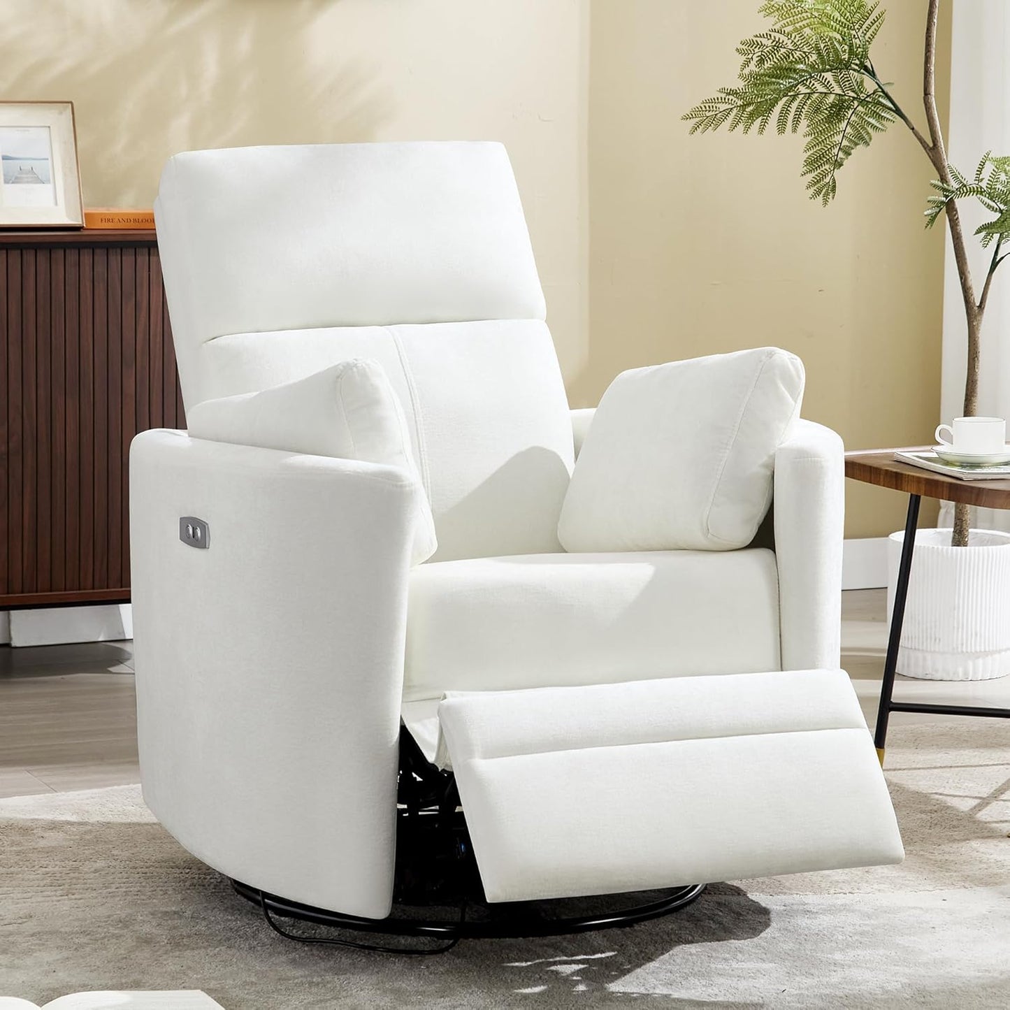 Power Recliner Swivel Rocking Glider, Upholstered Electric Rocking Adult Recliner with USB Port,Nursery Rocking Chair with 2 Pillows Living Room Bedroom (White, Power-Driven)