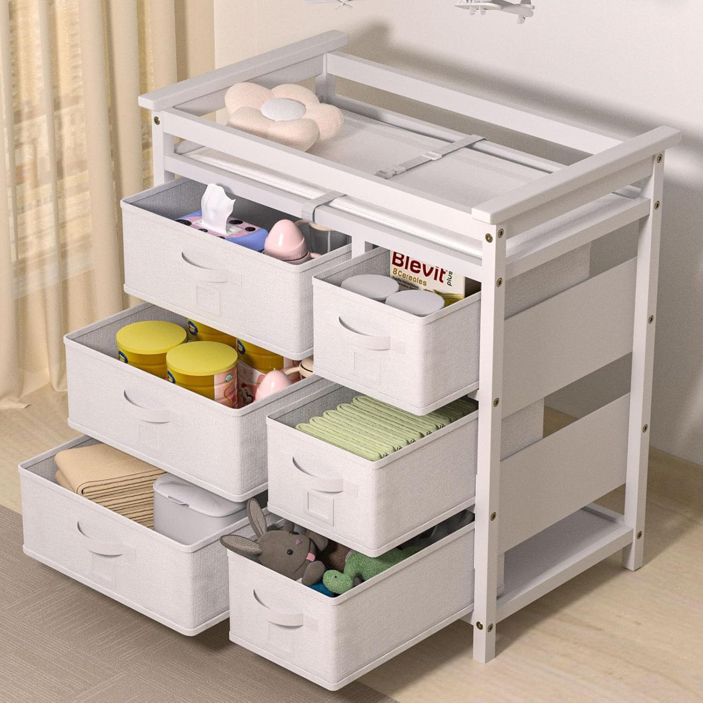YUFU Baby Changing Table, Diaper Changing Station with 6 Storage Drawers and Changing Pad, Changing Table Dresser, White