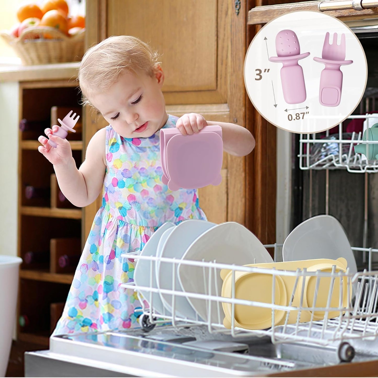 Silicone Foldable Novelty Dinner Plates,Suction Plates for Baby Travel Essential with Forks and Spoons,Microwave & Dishwasher Safe,Green