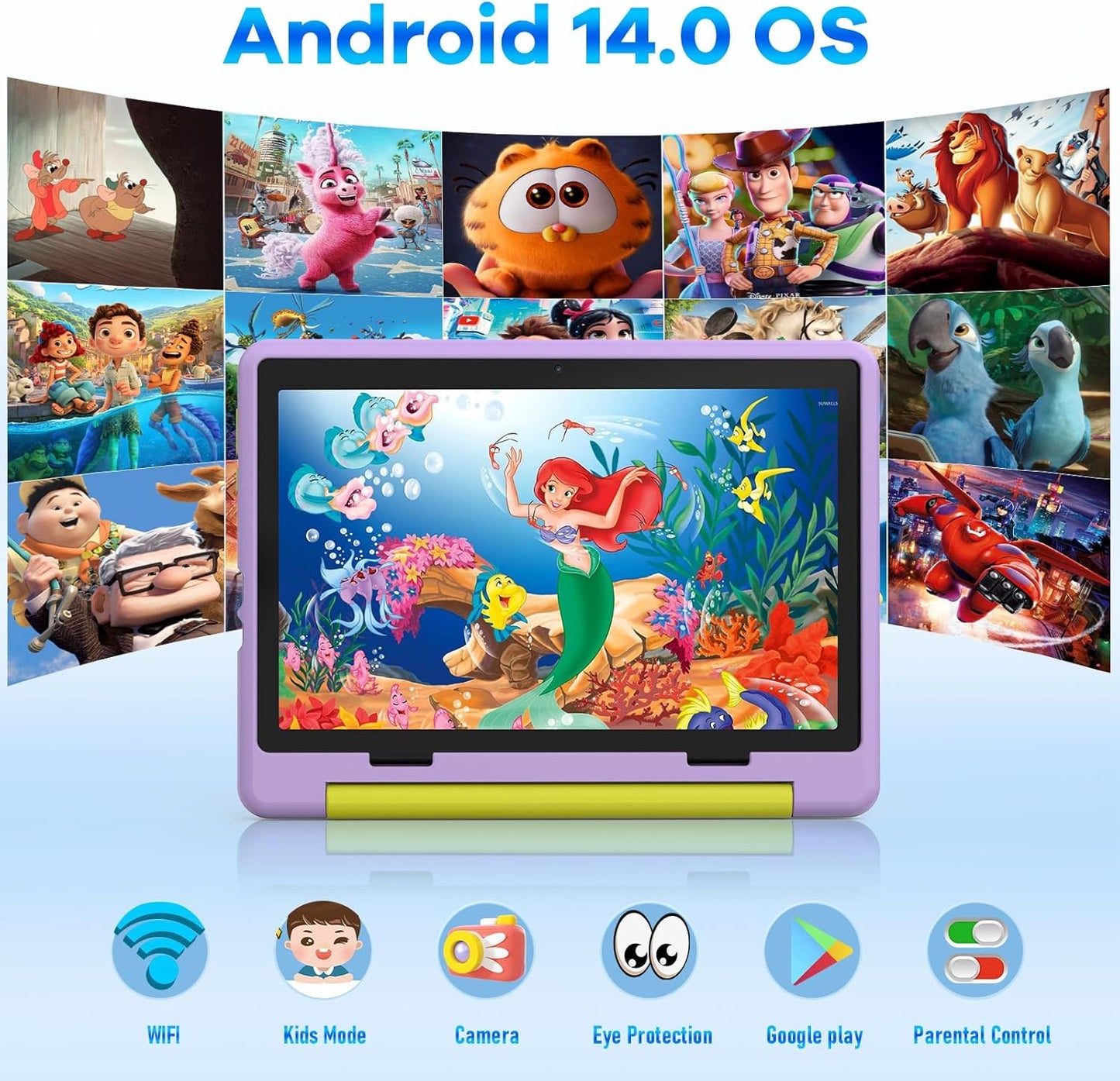 Kids Tablet|Upgraded Android 14 Tablet 10 inch for Kids with Protective Case|Octa-Core|64GB|1TB TF Card Expandable|Dual Camera|Parental Control|Great Gift for Toddler(Purple)
