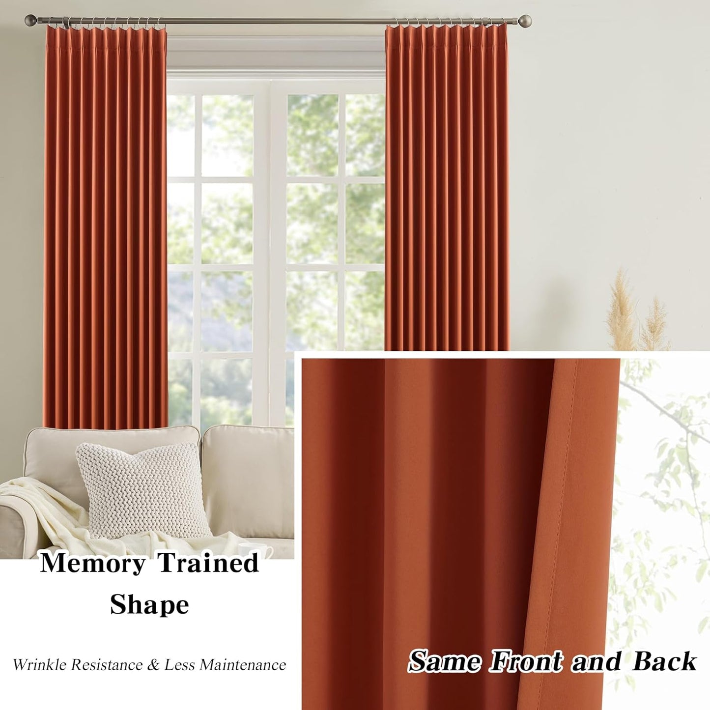 KEQIAOSUOCAI 90 Inch Burnt Orange Pleated Curtains for Living Room 2 Panels Set Fall Bohemian Decor Boho Copper Window Drapes for French Door Living Room Pinch Pleat with Hooks,W40 x L90