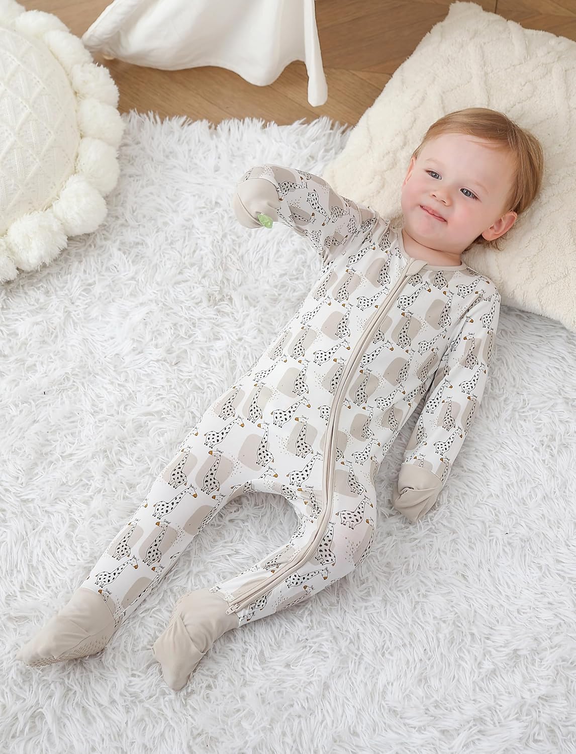 JunNeng 2Pcs Baby Rayon from Bamboo Sleeper with Mitten Cuffs, Footless Zipper Cozy Pjs, Non-Slip Soles Romper