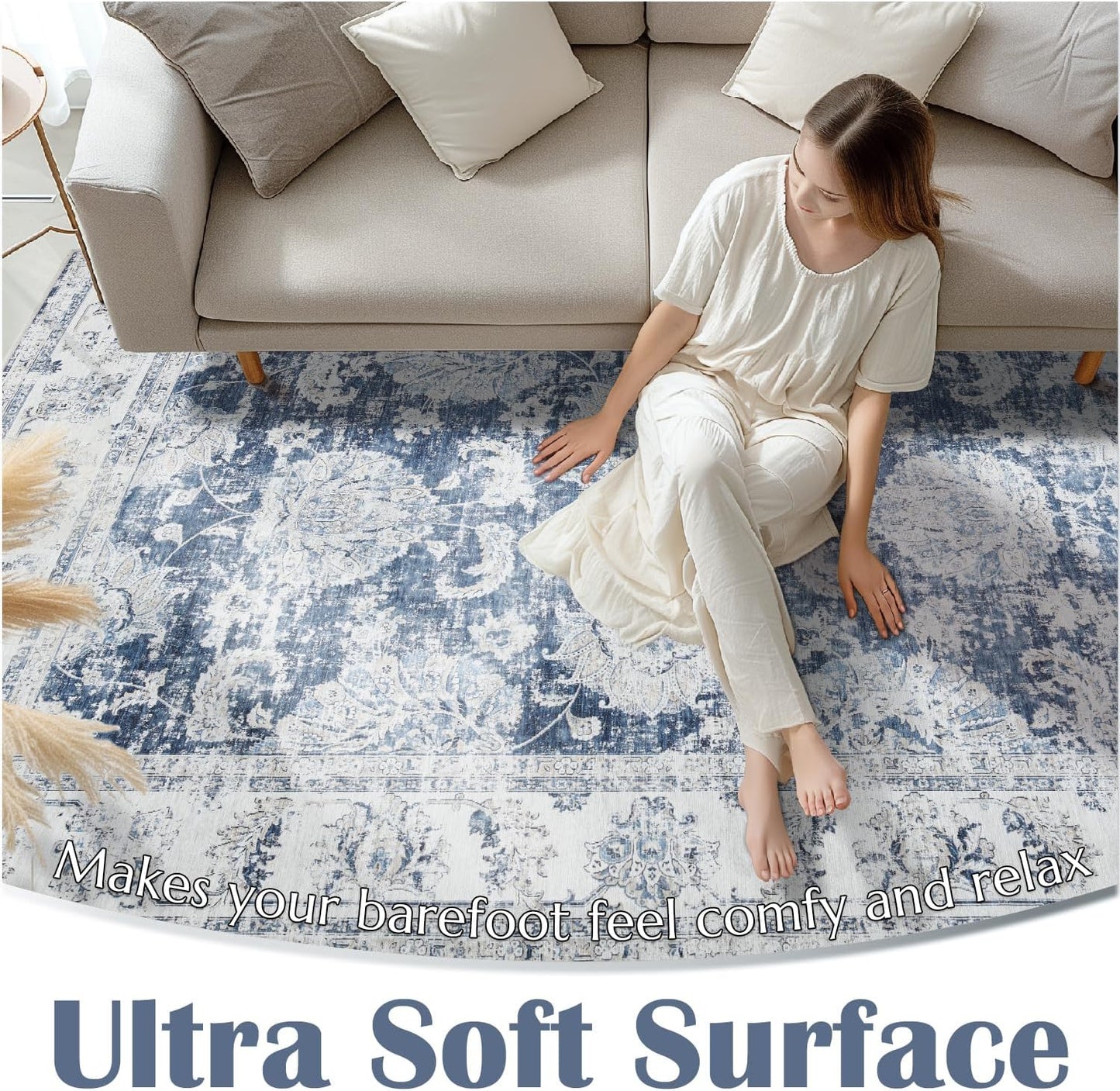 jinchan Hallway Runner Rug 3x8 Washable Runner - Vintage Floral Non Slip Low-Pile Soft Thin Faux Wool Kitchen Rug Distressed Carpet for Farmhouse Bedroom Laundry Room(3x8ft,Dark Blue)