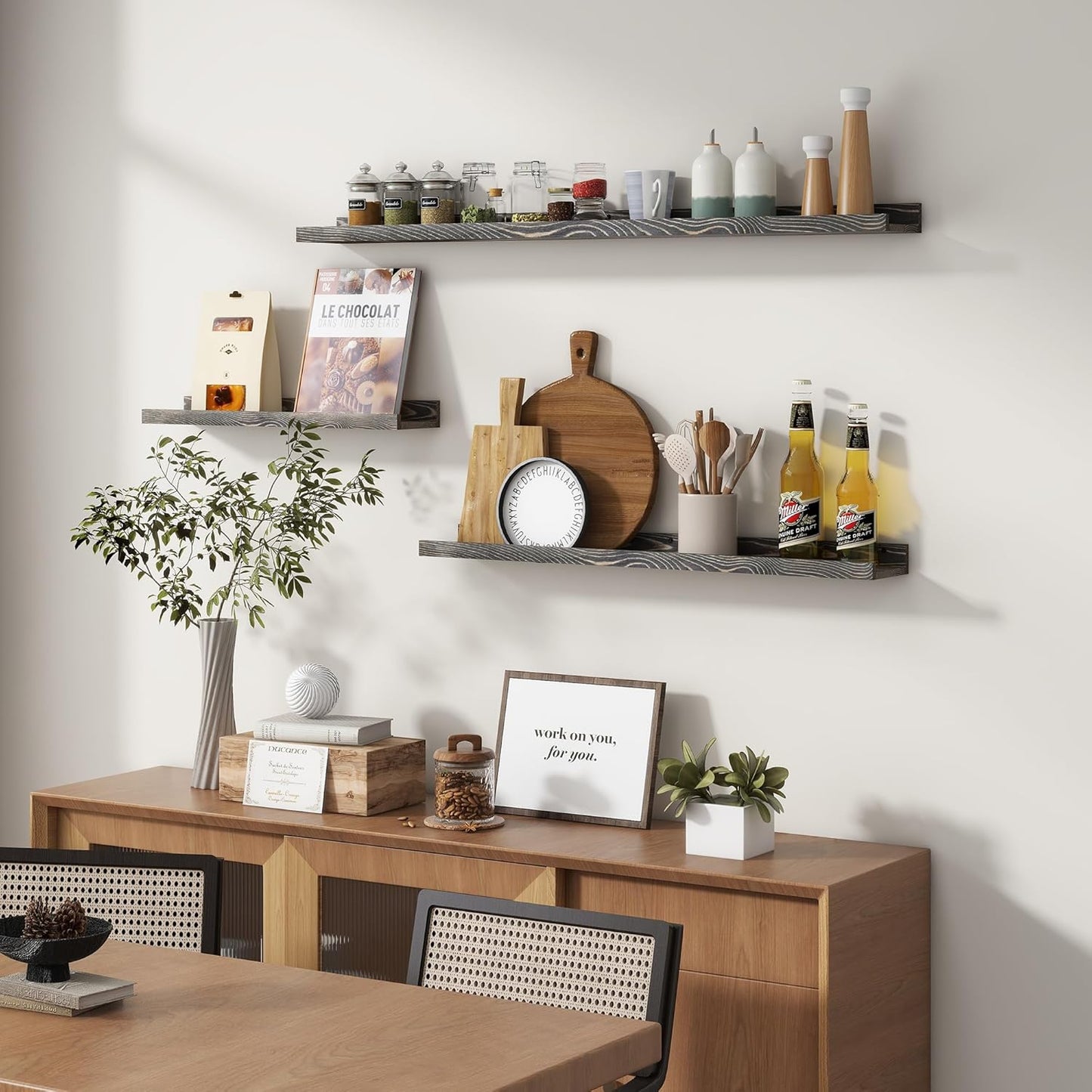 Picture Ledge Wall Shelves - 36 Inch Width Set of 3, Solid Pine Wood Rustic Floating Ledge Shelves for Kids' Room, Bedroom, Kitchen, Bathroom, Living Room, Nursery Display Wall Decor, Grey