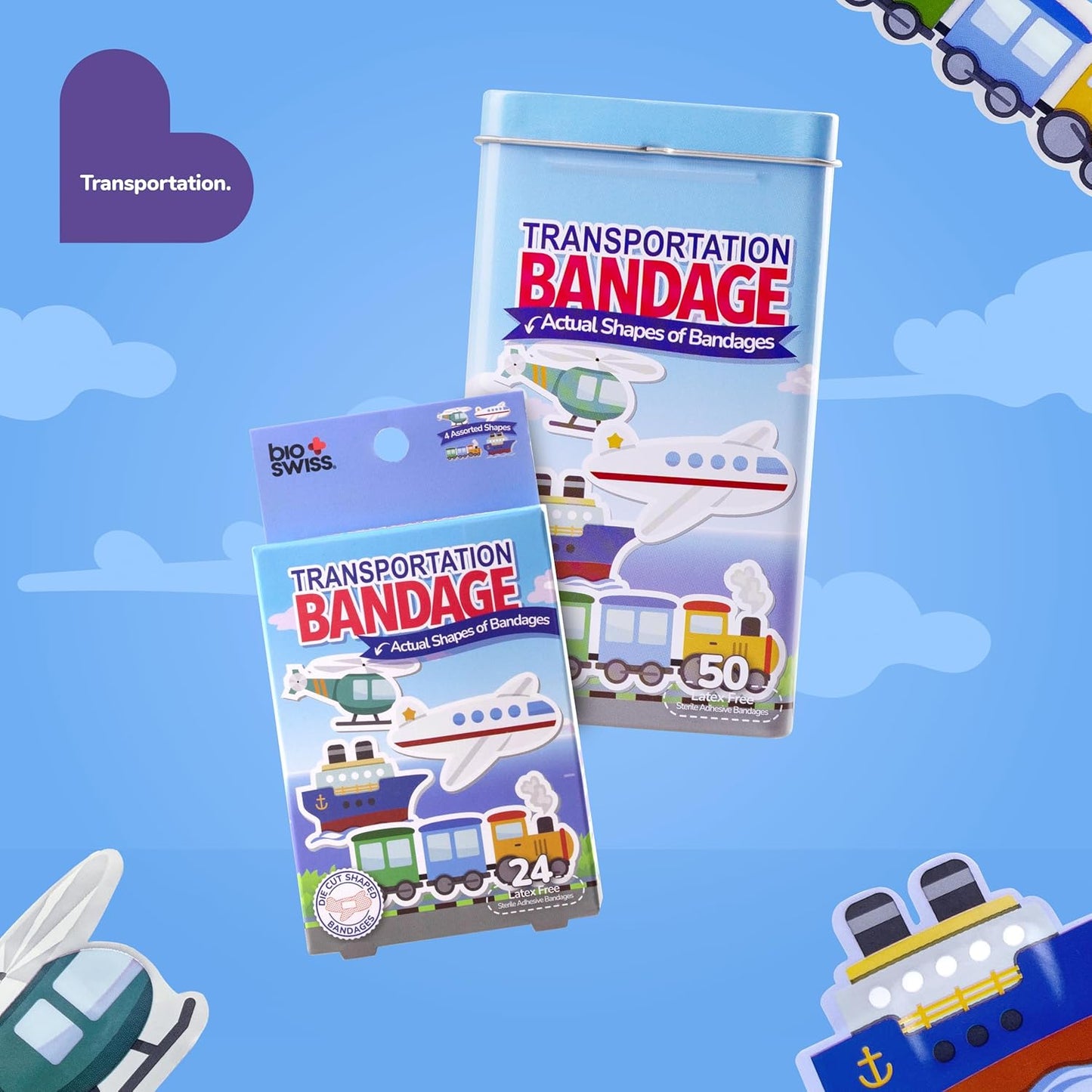 BioSwiss Bandages, Transportation Shaped Self Adhesive Bandage, Latex Free Sterile Wound Care, Fun First Aid Kit Supplies for Kids, 50 Count