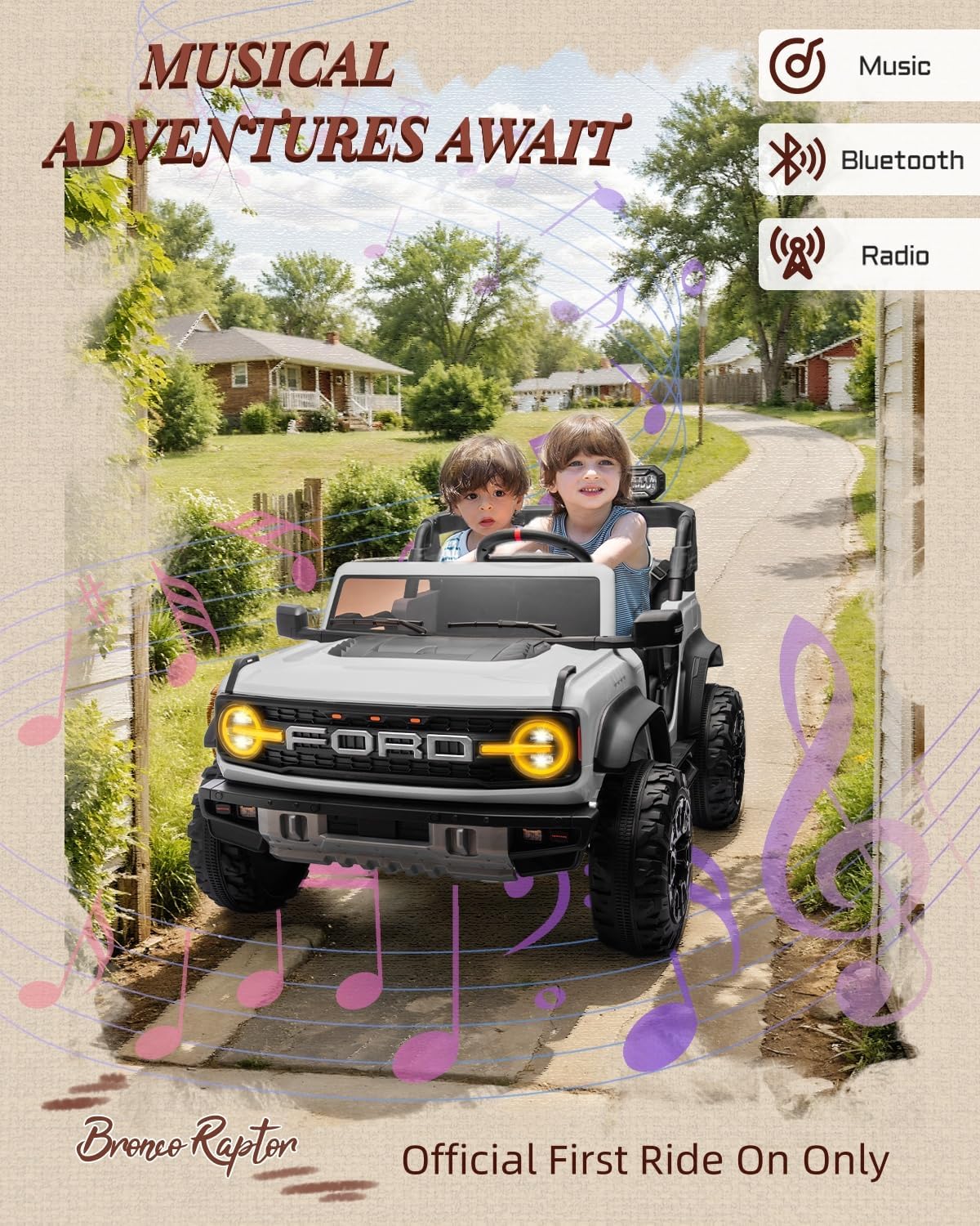 Licensed Ford Bronco Raptor 24V 2 Seater Kids Ride on Toys, Battery Powered Electric Ride on Car, Remote Control Electric Car w/Led Lights, Music, High Low Speed (24V, White)