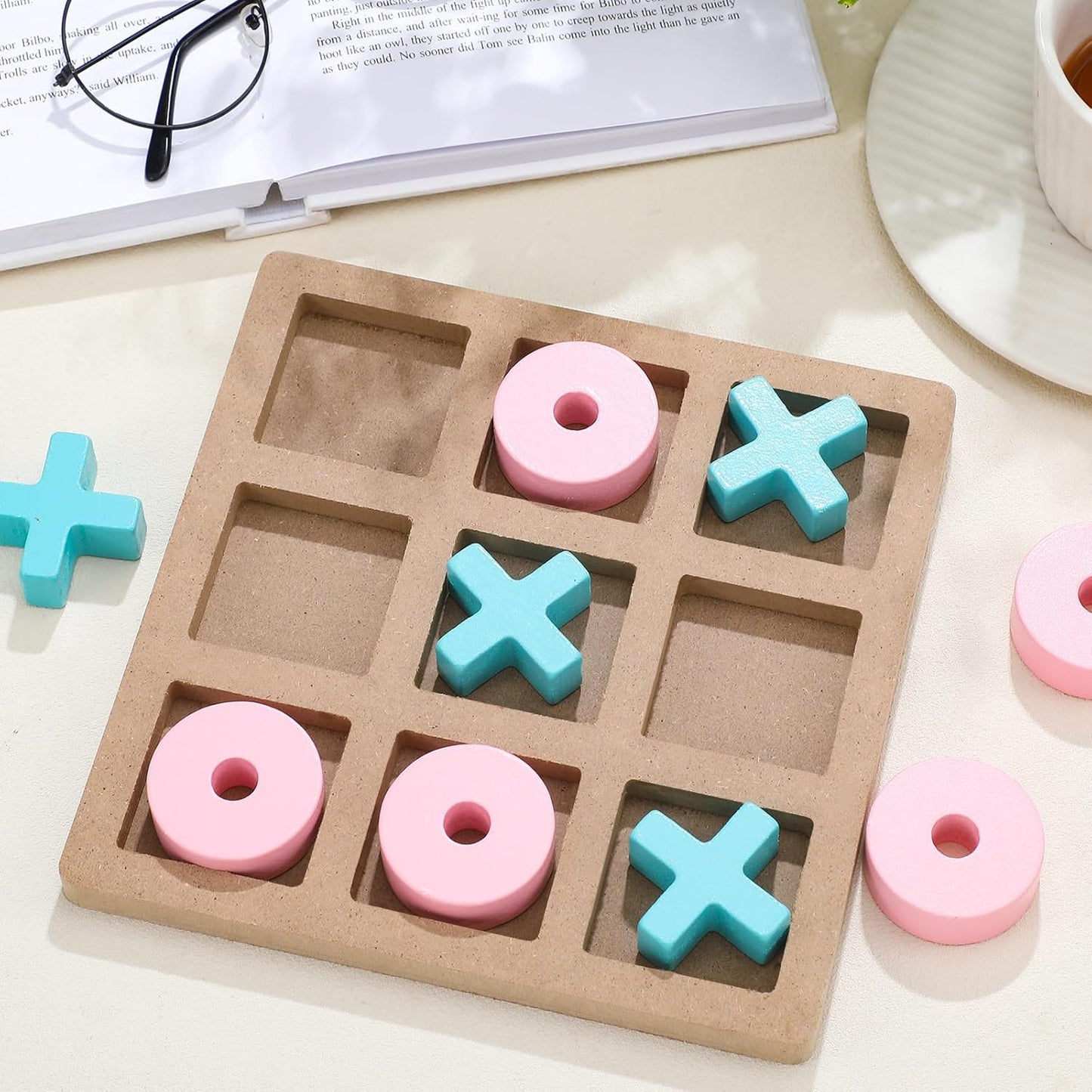 Wooden Tic Tac Toe Game Tic Tac Toe Board Game 7 Inch Wood Board Table Top Living Room Decor Fun Family for Family Night Indoor Outdoor Party Adults Classic Travel (Pink Blue)