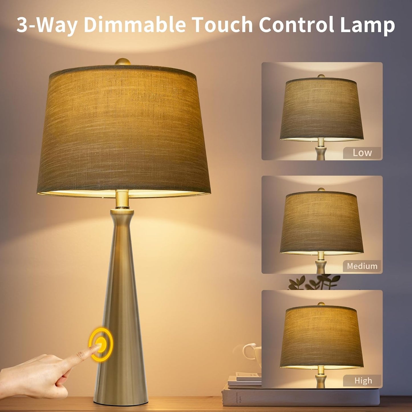 Oneach 25.75" Table Lamps Set of 2 for Living Room Bedroom, Bedside Lamp 3-Way Dimmable Touch Control, Modern Silver Nightstand Light Fabric Shade Vintage Accent Style