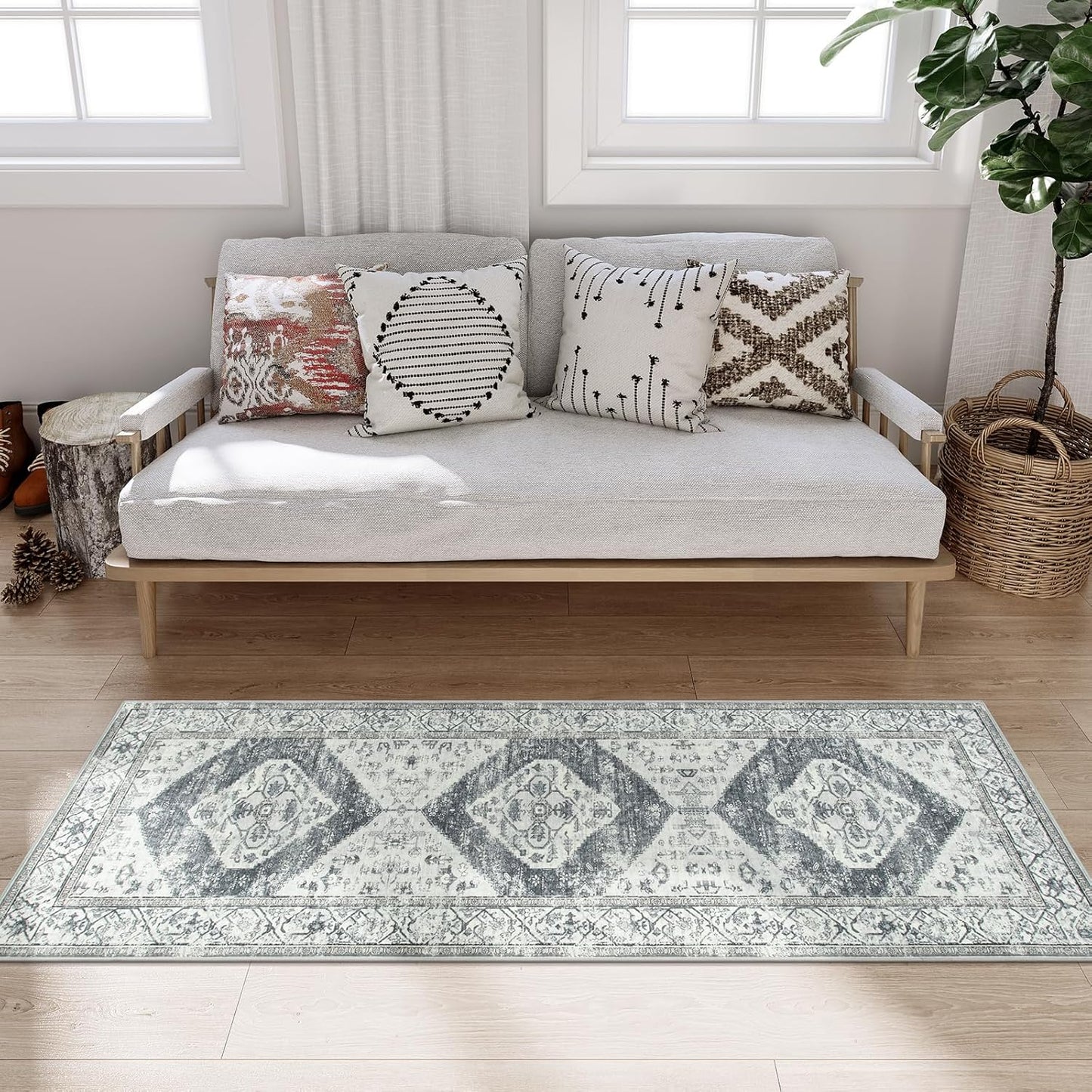 Lahome Boho Runner Rug for Hallway - 2x7 Stain Resistant Non-Slip Kitchen Runners Non Skid Washable 7 Ft Lightweight Throw Bathroom Runner, Oriental Distressed Print Runner for Bedroom Laundry Room