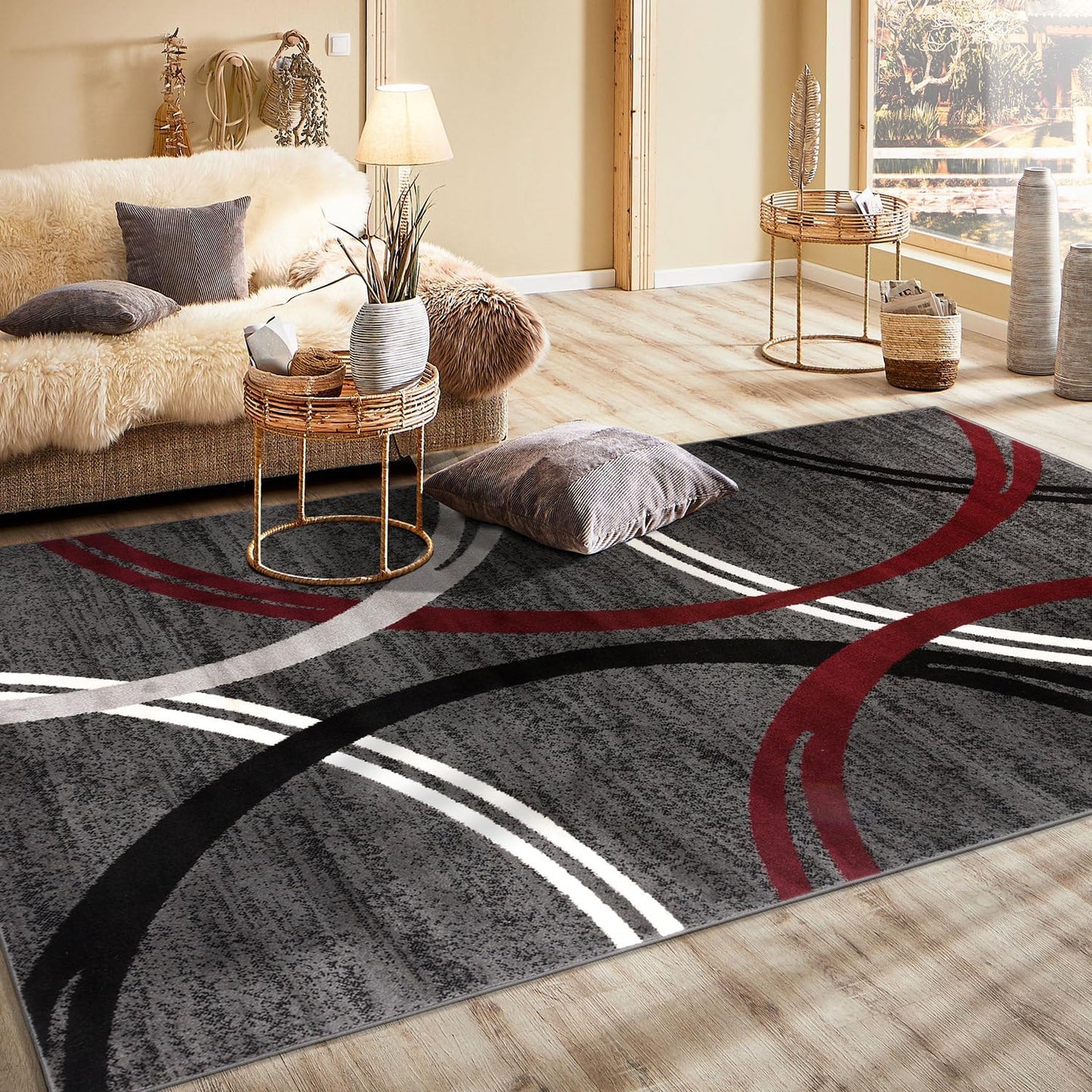 Rugshop Modern Wavy Circles Design Area Rug 6'6" x 9' Red