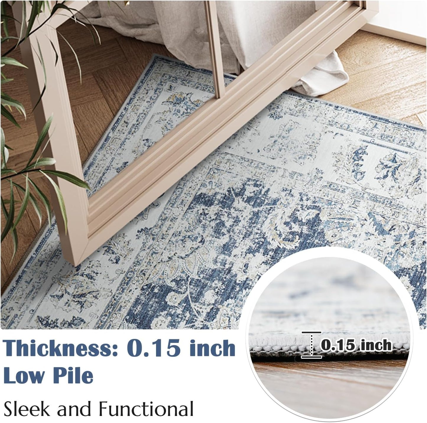 jinchan Runner Rug 2x7 Machine Washable Hallway Rug Dark Blue Vintage Floral Print Non-Slip Low Pile Ultra-Thin for Kitchen,Entryway,Laundry Room,Bedroom,Farmhouse (2‘x7’,Dark Blue)