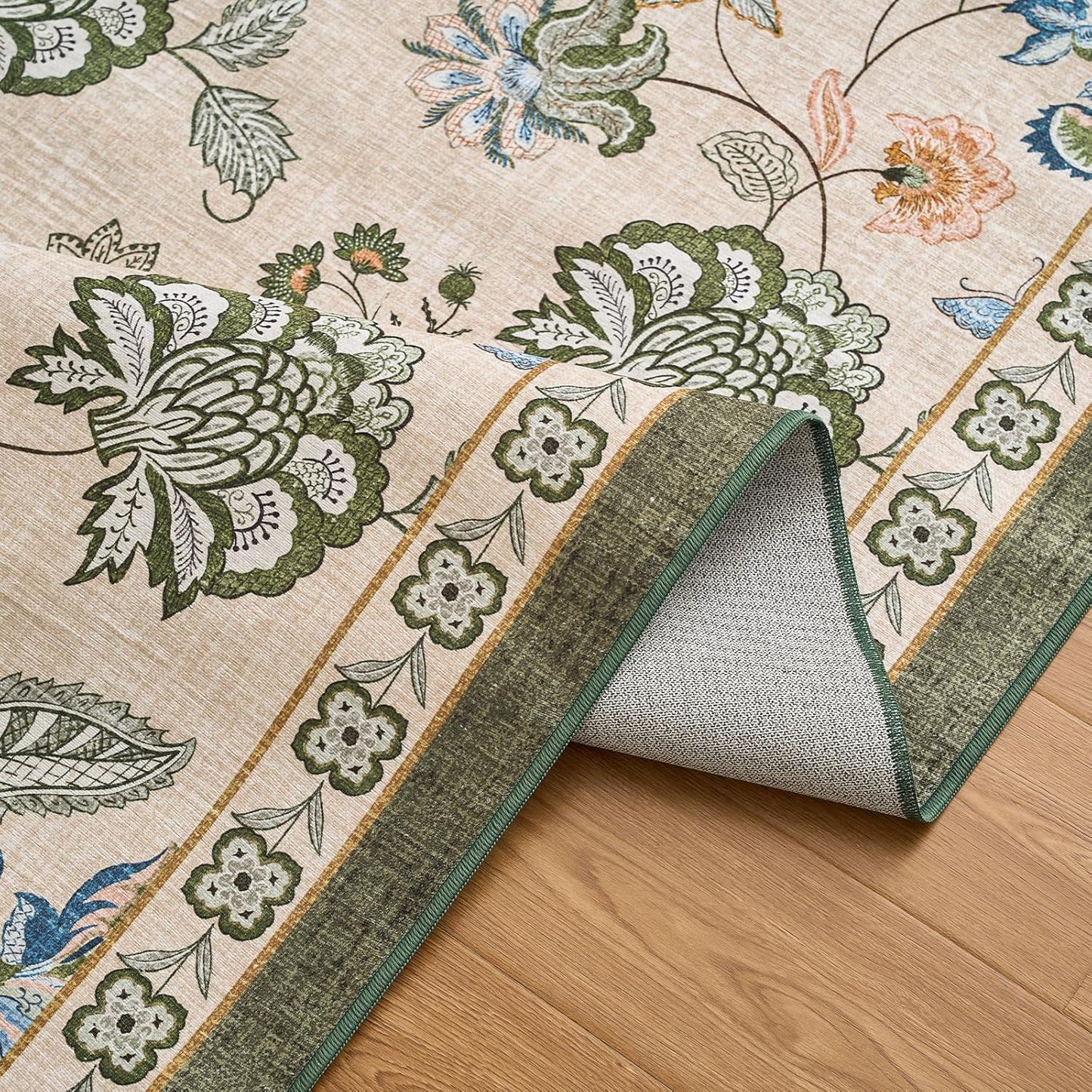 jinchan 3x10 Floral Runner Rug for Hallway Washable Kitchen Runner Vintage Romance Design Non Slip Thin Indoor Floor Cover Low-Profile Throw Carpet for Entryway Bathroom Bedroom Porch, Green/Beige