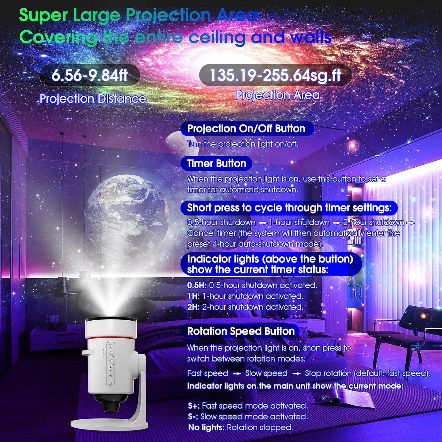Galaxy Projector๏ผUpgraded 4K HD Star Projector Lens, 10 Realistic Nebula Scenarios Room Lights๏ผTimer off Controls&8-Color Night Light๏ผSuper Wide Ceiling Coverage for Bedrooms Home Theaters Kids Rooms