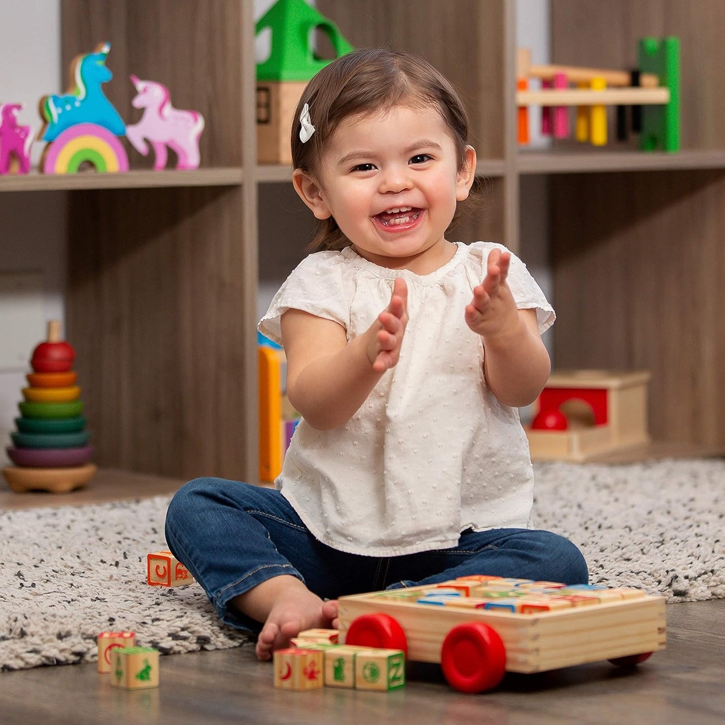 Building Blocks for Toddlers 1-3 Years Old, 30 Large Stackable Wooden Baby Blocks with Alphabet and Number Icons on Every Side, Toy Wagon Included