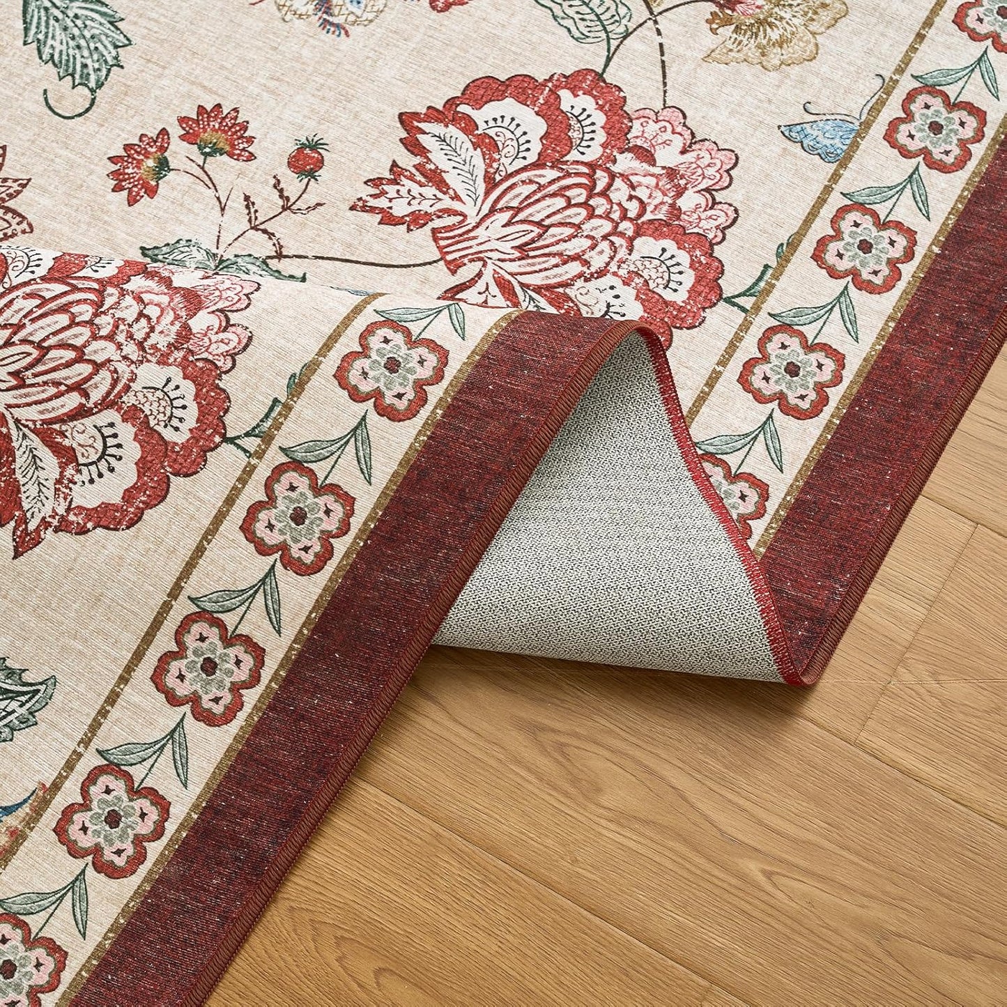 jinchan 7ft Floral Round Rug for Dining Room Washable Living Room Rug Vintage Romance Design Non Slip Indoor Floor Cover Lightweight Low-Profile Throw Carpet for Bedroom Porch Patio, Red/Beige