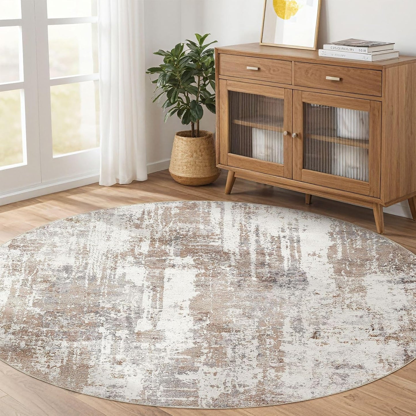 Round Rug Living Room Rugs: 8Ft Washable Circle Large Abstract Modern Soft Stain Resistant Non Slip Indoor Floor Carpet for Bedroom Nursery Office Dining Room Dorm Home House Decor- Brown